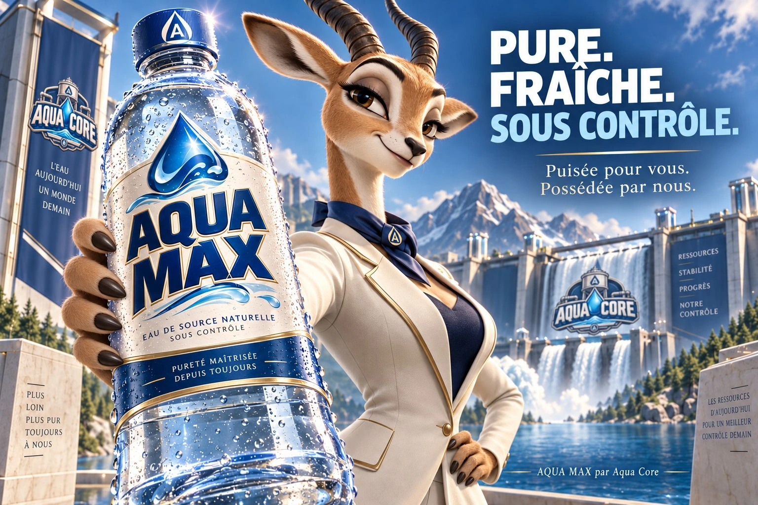 Publicité Aqua Core présentant une bouteille Aqua Max devant les installations de distribution d’eau