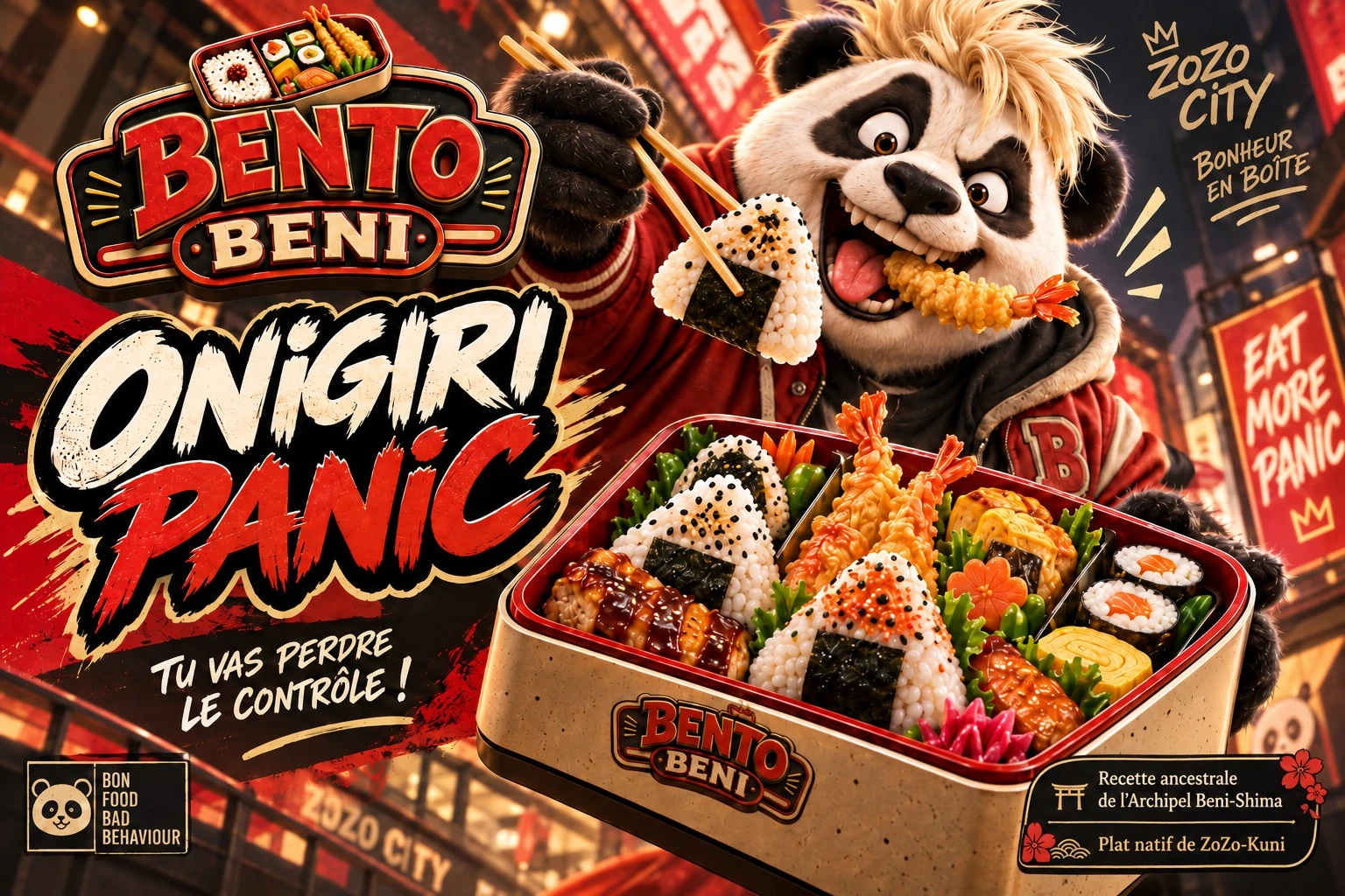 Publicité Bento Beni présentant une boîte d’onigiris et de spécialités dans une rue lumineuse de ZOZO CITY