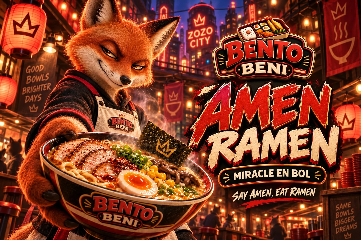 Publicité Bento Beni présentant un bol de ramen fumant dans un quartier nocturne