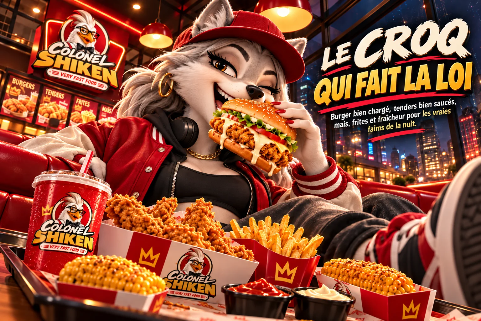 Publicité Colonel Shiken : Burger, tenders et frites