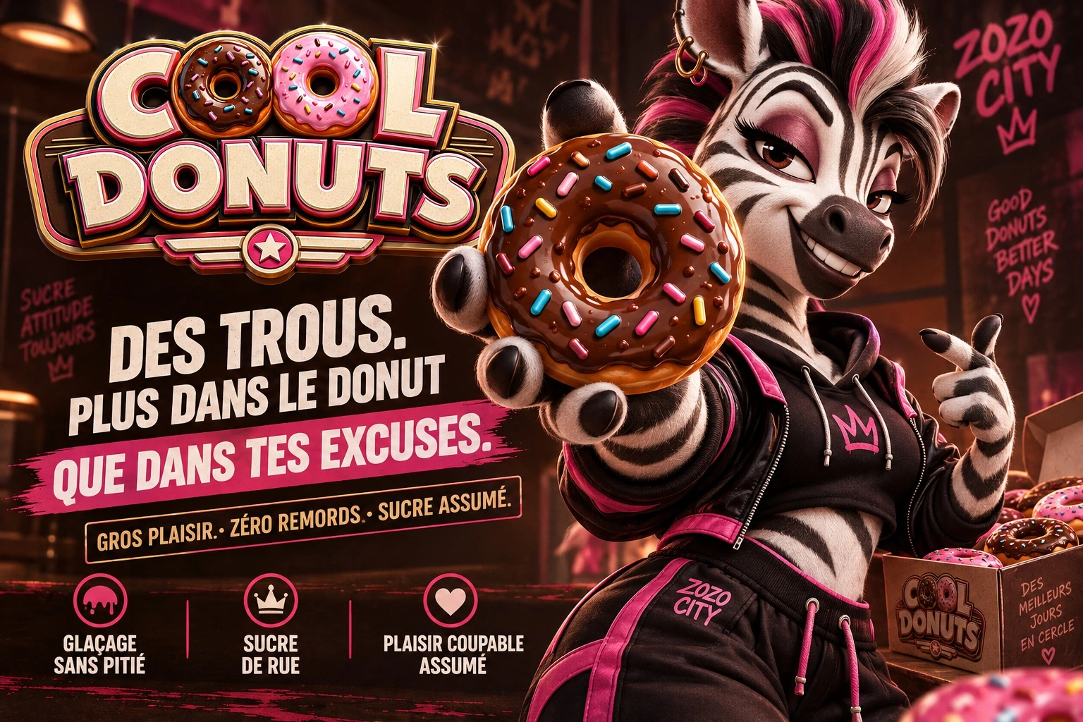 Publicité Cool Donuts présentant un donut au chocolat dans une ambiance rose et urbaine