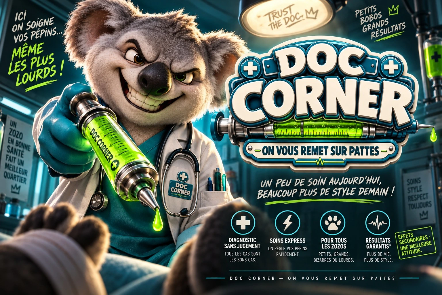 Publicité DOC CORNER montrant un médecin présentant un soin express vert