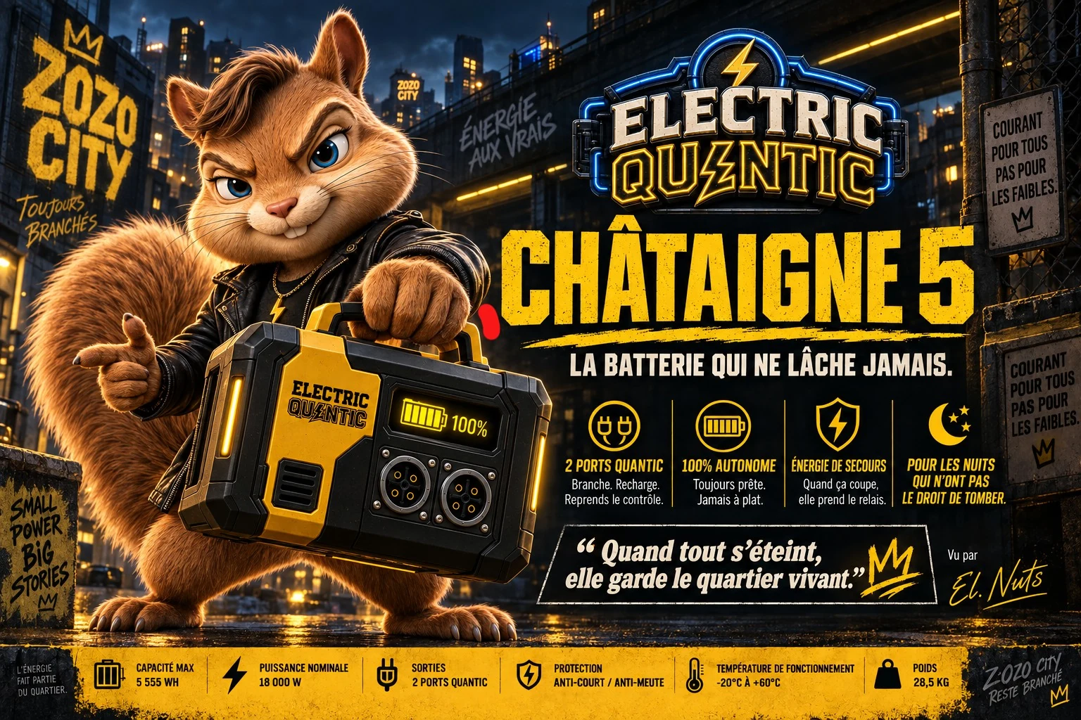 Publicité Electric Quantic présentant la batterie Châtaigne 5 dans les rues de ZOZO CITY