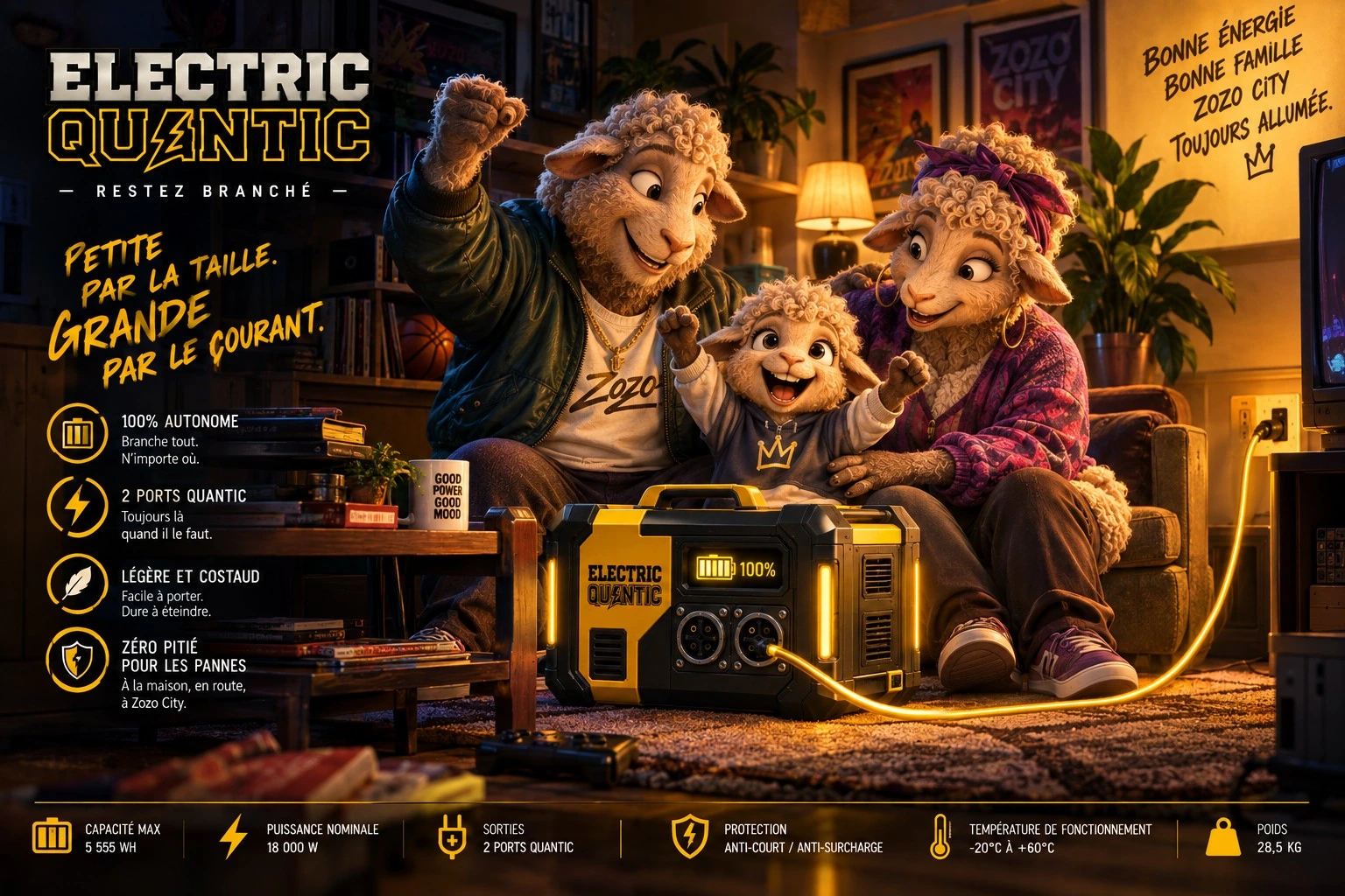 Publicité Electric Quantic montrant une famille réunie autour d’une batterie Châtaigne 5