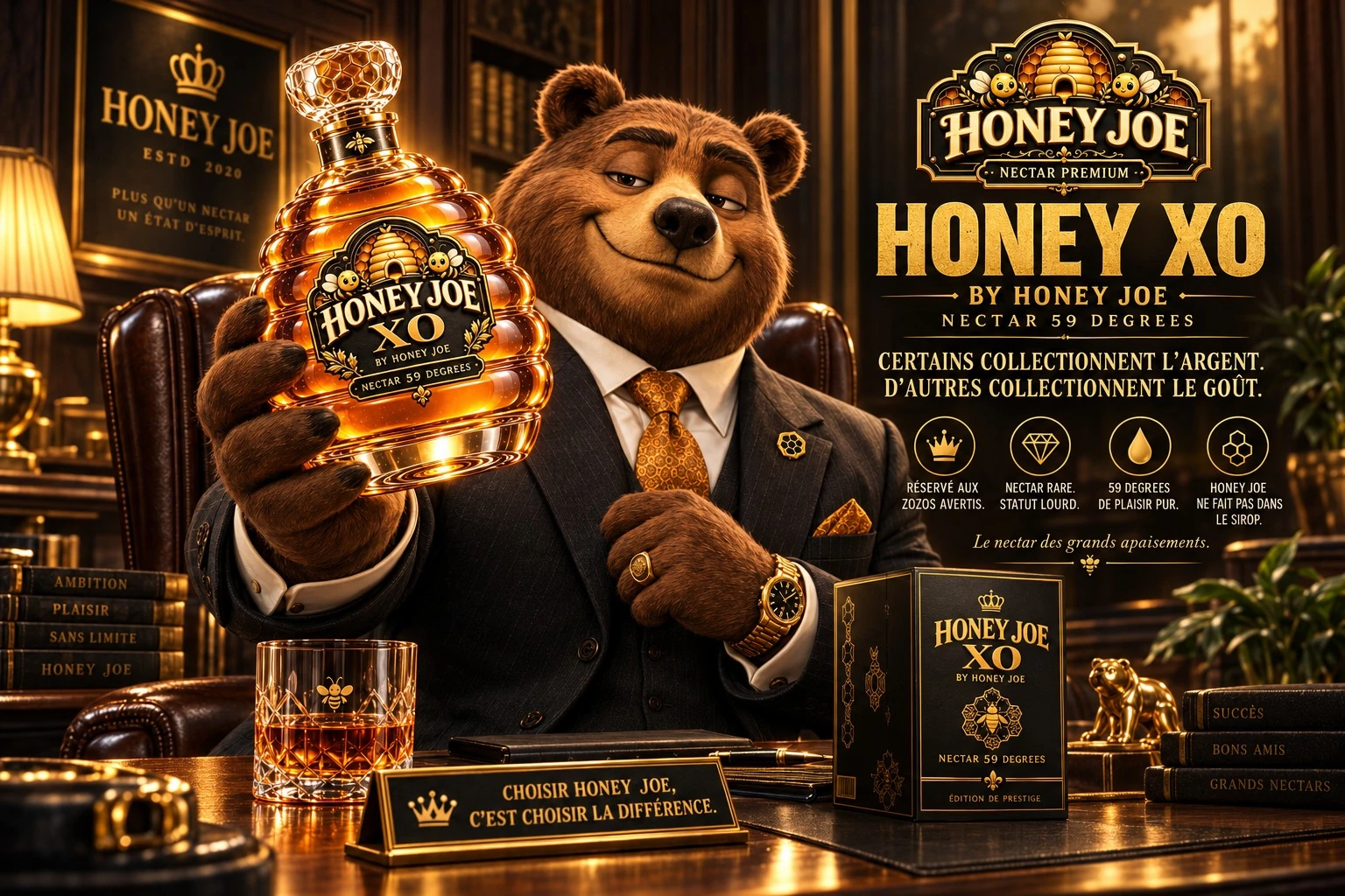 Publicité Honey Joe présentant une bouteille de Honey XO dans un bureau luxueux