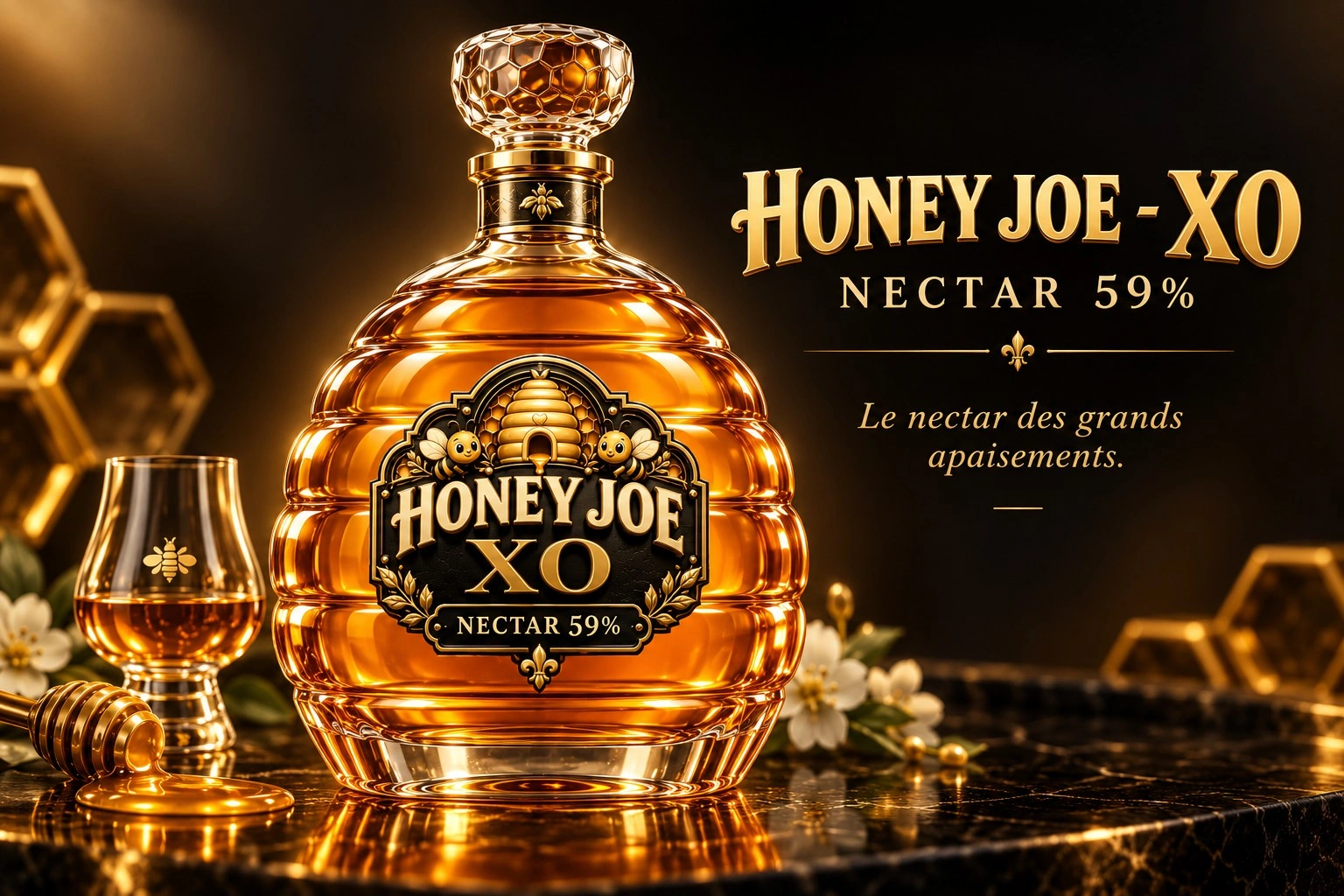 Publicité Honey Joe présentant une bouteille de nectar Honey XO sur un comptoir doré