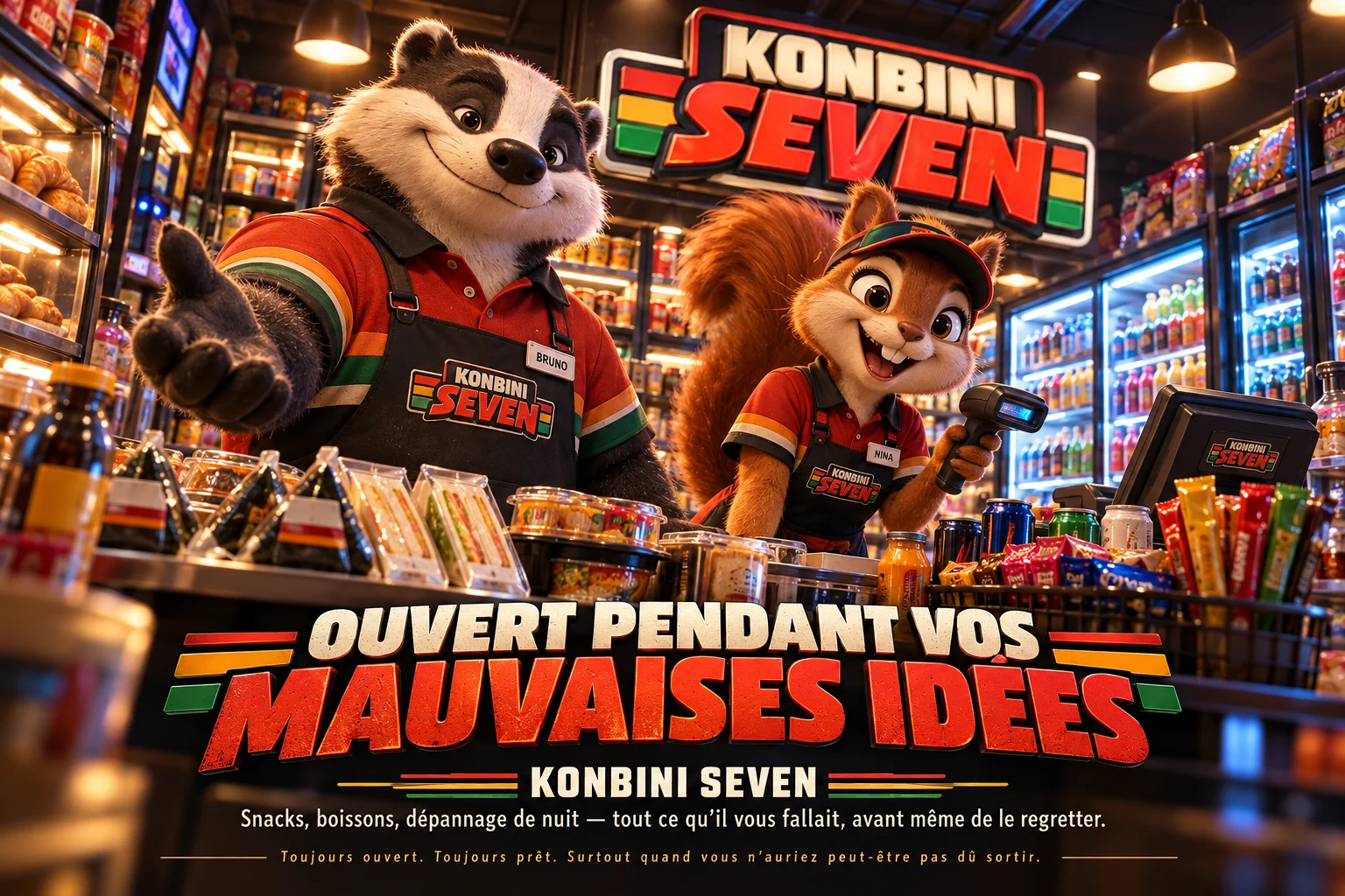 Affiche Konbini Seven montrant deux employés au comptoir du magasin