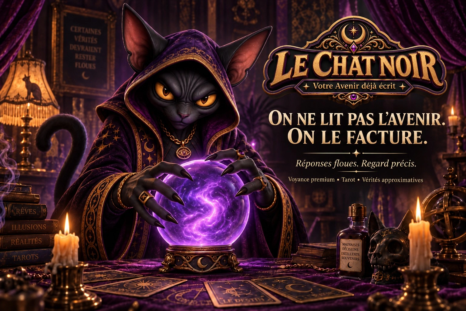 Publicité pour la voyance premium du Chat Noir dans son cabinet violet