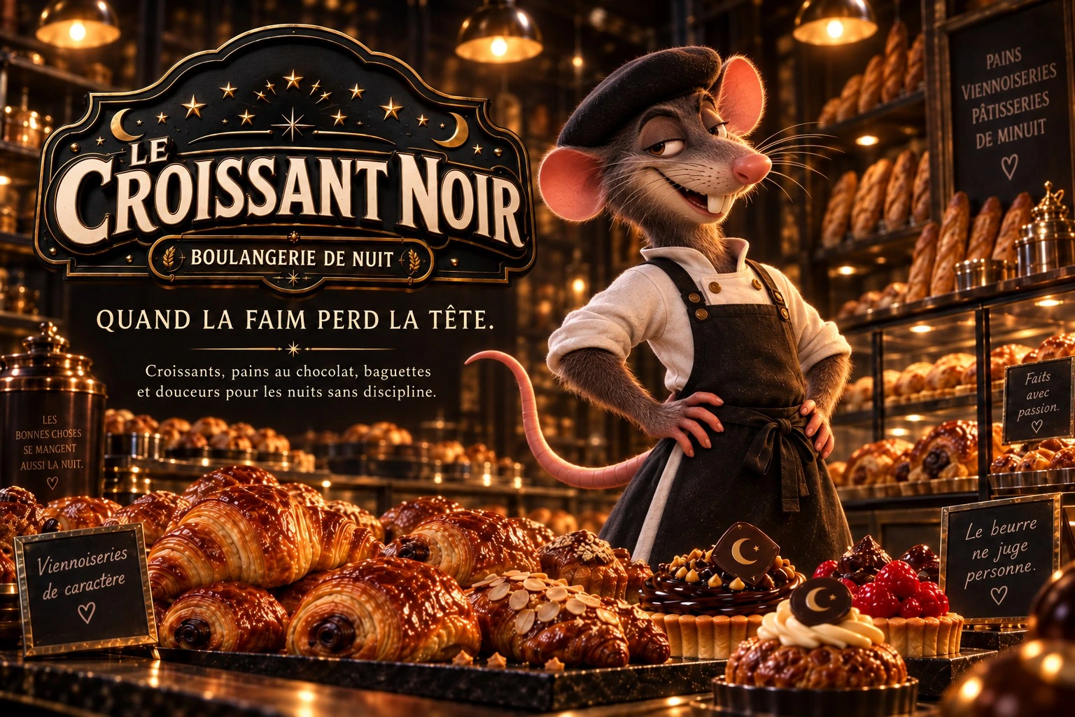 Publicité du Croissant Noir montrant un boulanger devant une vitrine remplie de viennoiseries