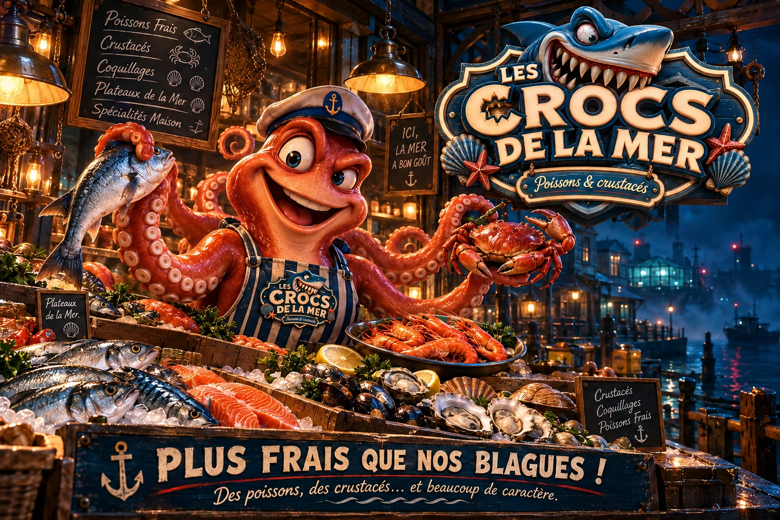 Affiche Les Crocs de la Mer présentant un étal de poissons et de crustacés