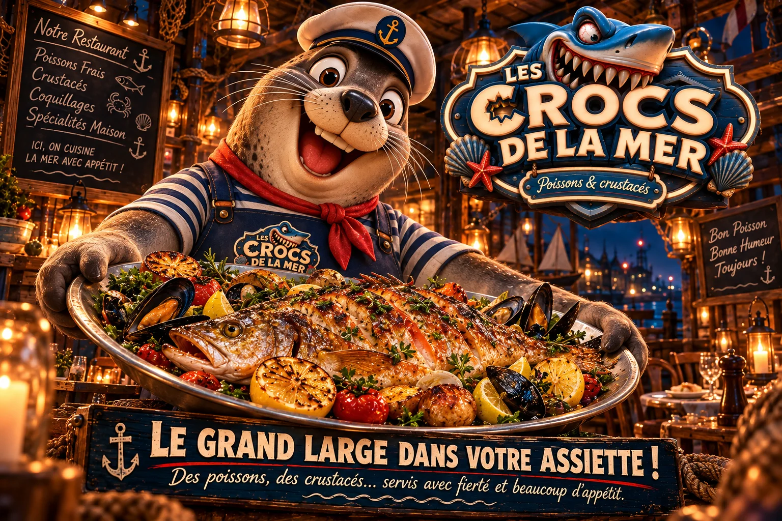 Affiche Les Crocs de la Mer montrant un serveur présentant un plateau de poissons et de fruits de mer