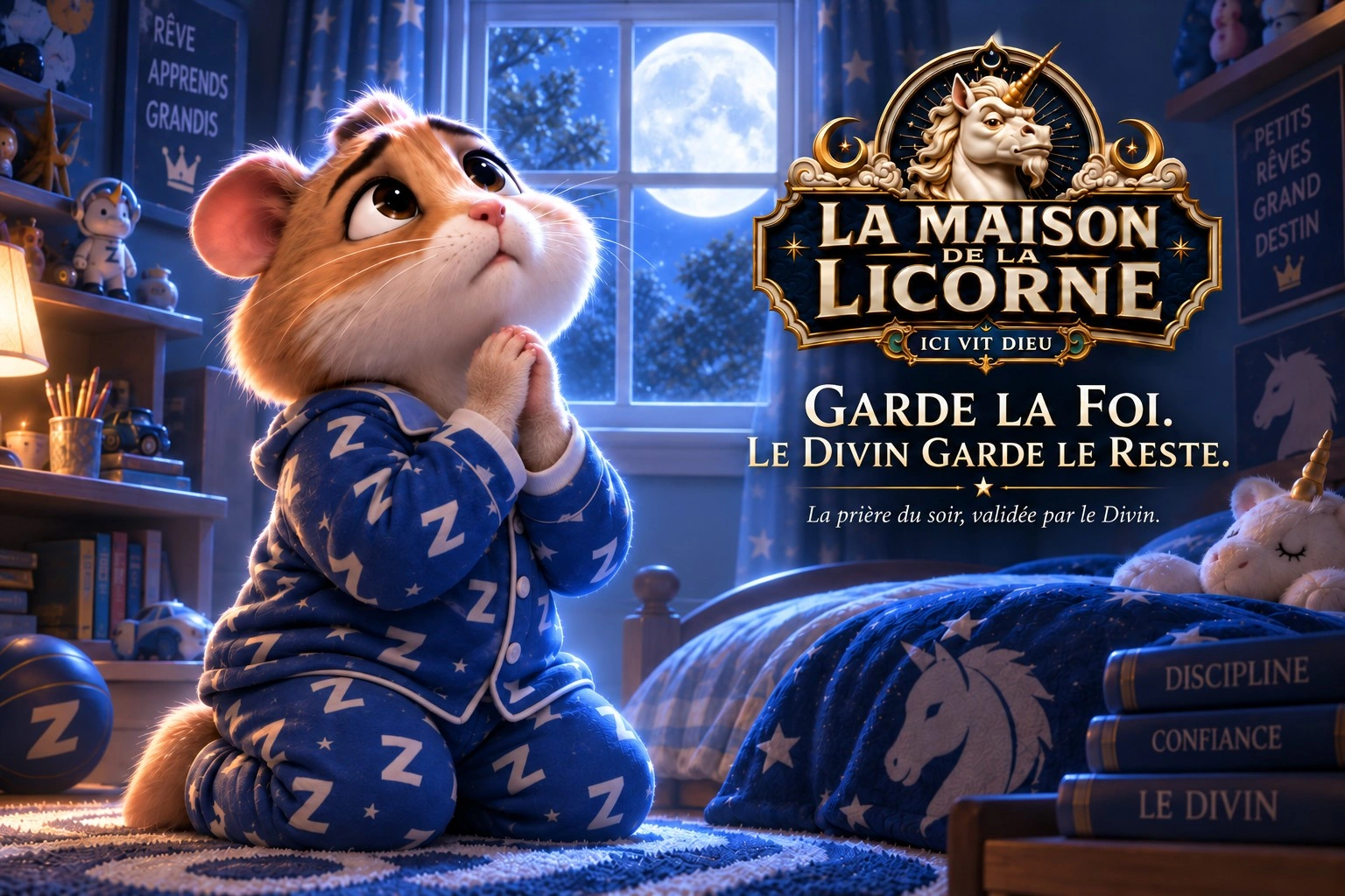 Publicité de la Maison de la Licorne montrant un jeune fidèle priant sous la lumière de la lune