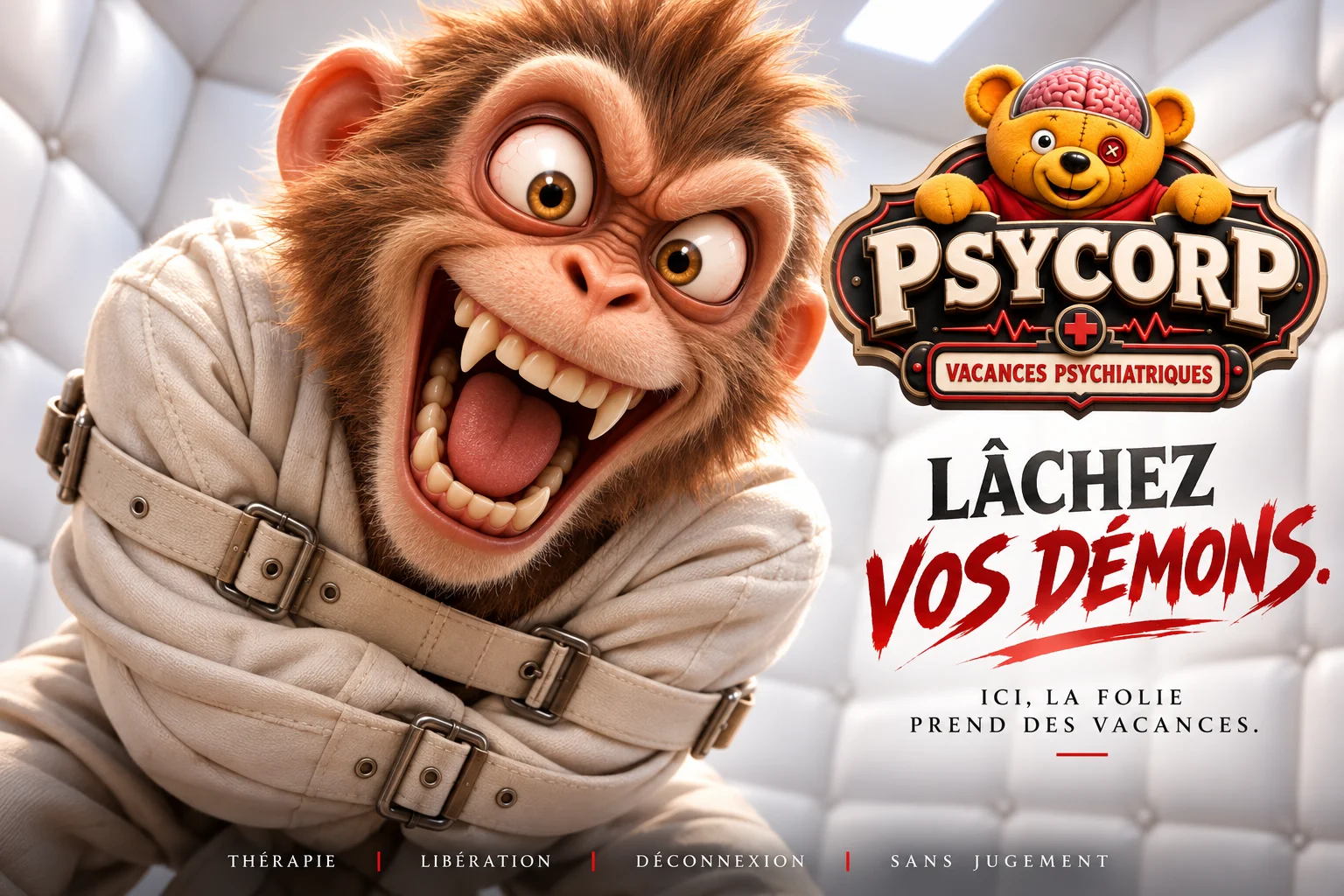 Publicité PSYCORP : Vacances psychiatriques