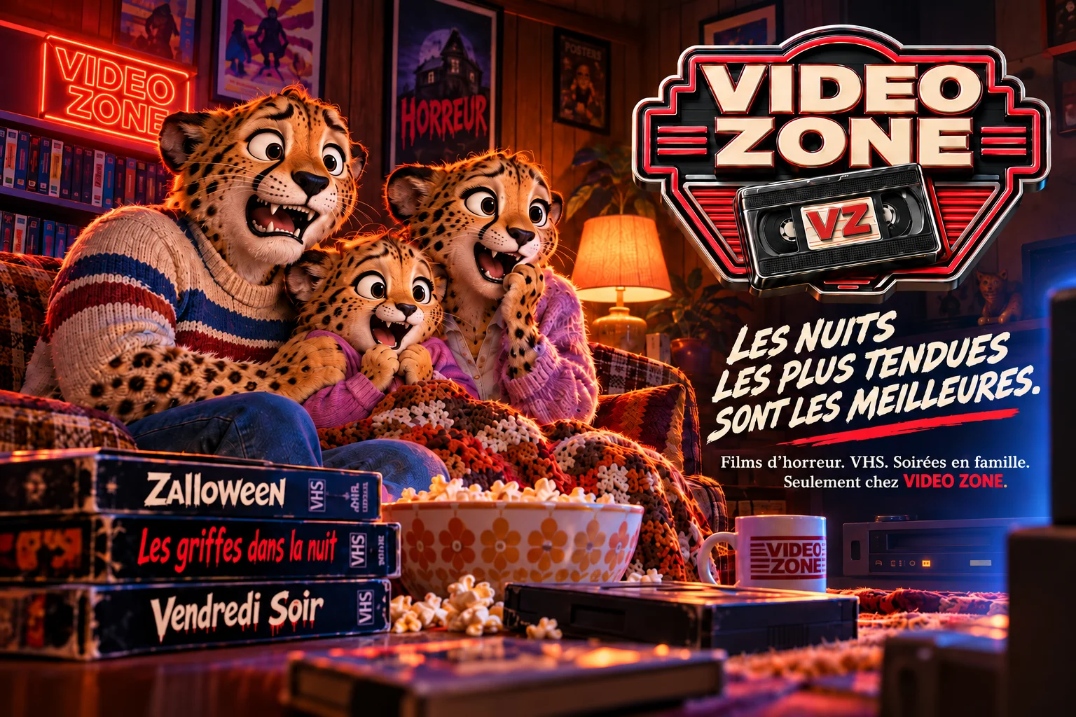 Affiche Video Zone montrant une famille réunie devant un film d’horreur