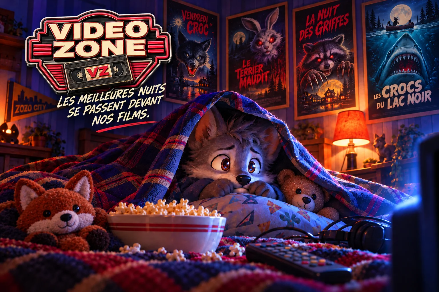 Affiche Video Zone montrant un jeune Zozo sous une couverture devant un film