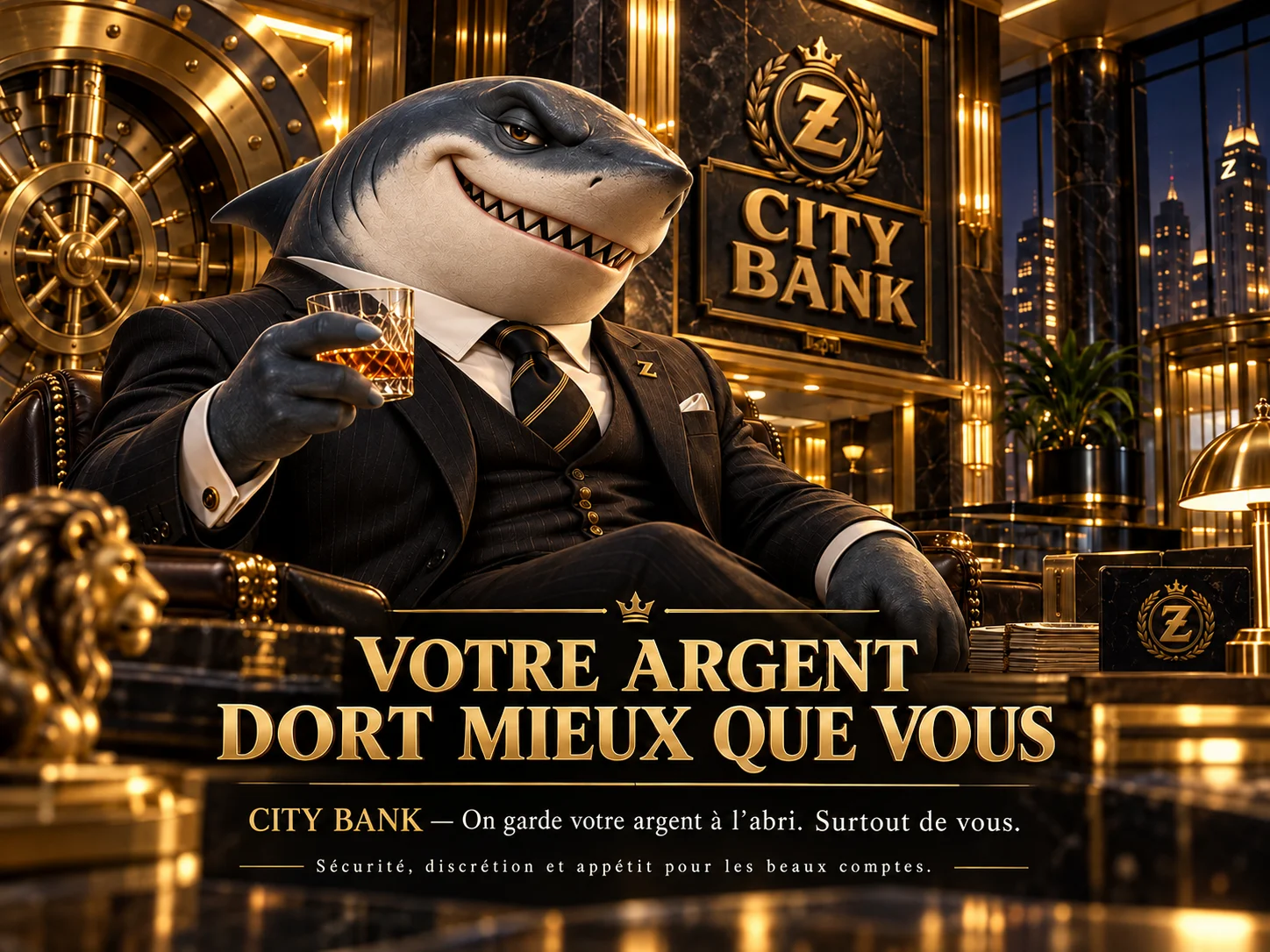 Publicité Z CITY BANK montrant un Zozo en costume devant un coffre-fort dans un salon doré