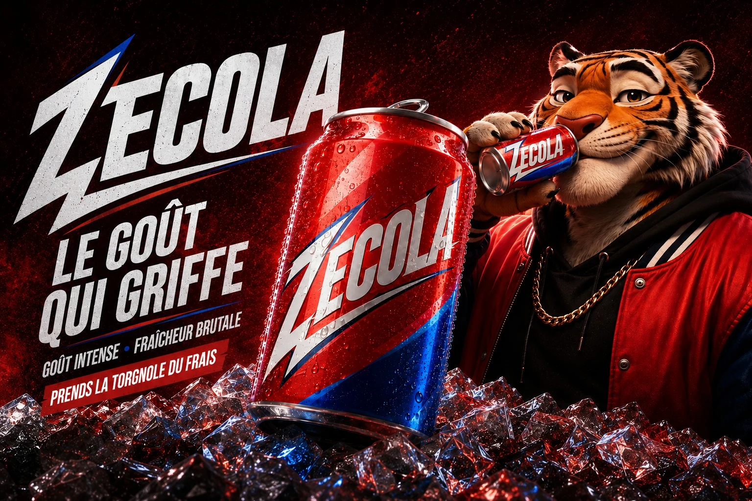 Publicité ZECOLA présentant une canette rouge et bleue servie très fraîche