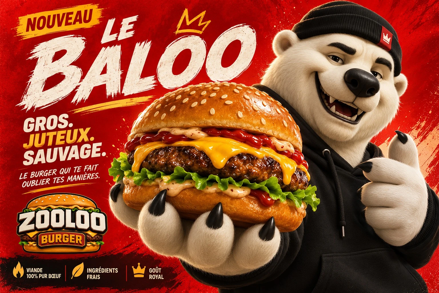 Publicité Zooloo Burger présentant Le Baloo, un burger généreux tenu devant un fond rouge