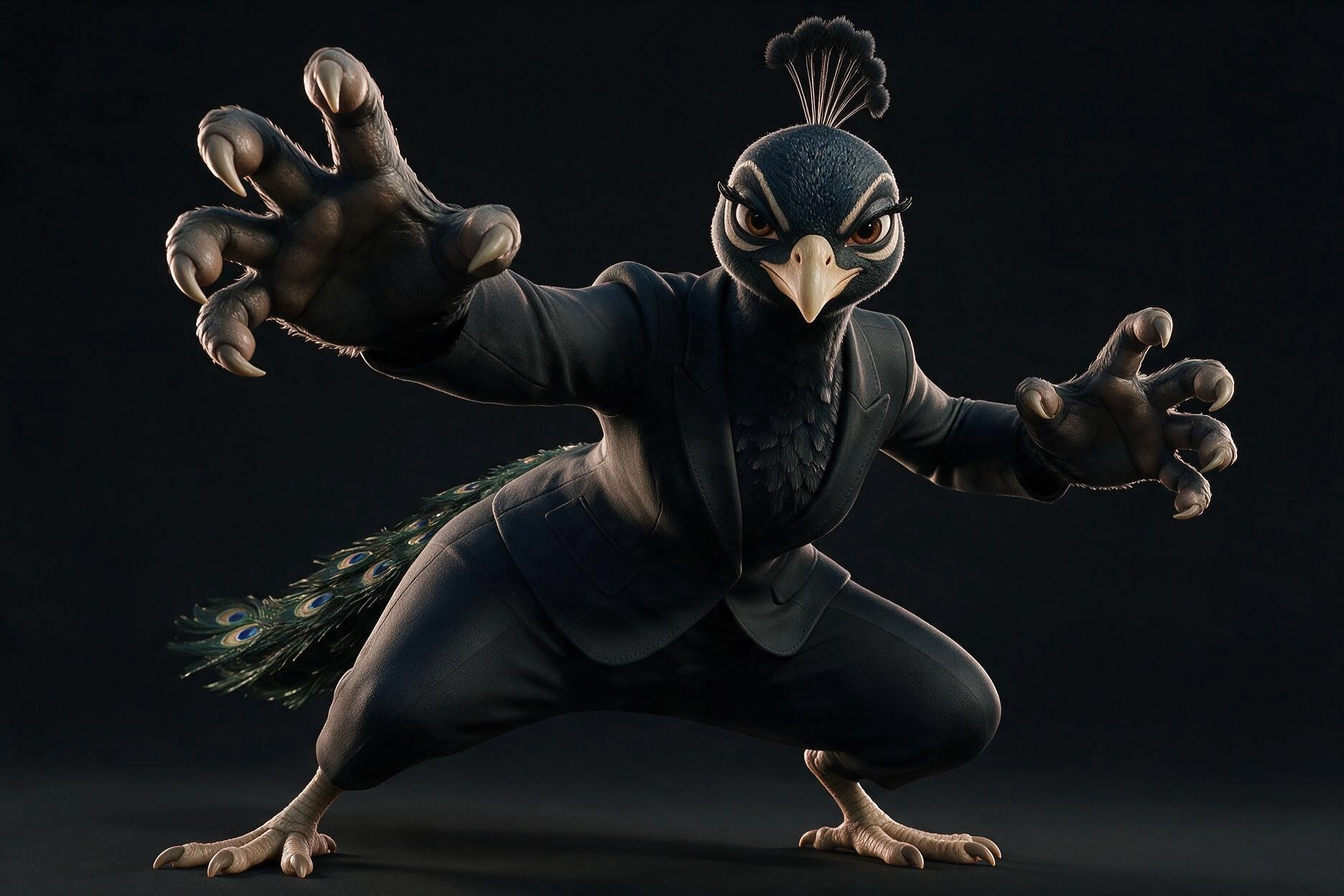 La BARONNE NOIRE en posture d’action dans son tailleur noir