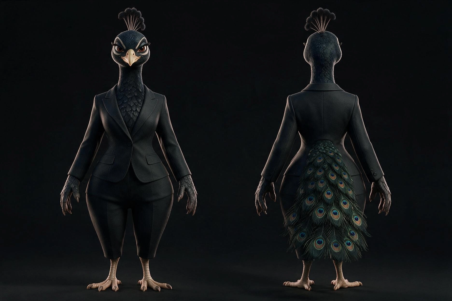 La BARONNE NOIRE présentée de face et de dos dans son tailleur noir