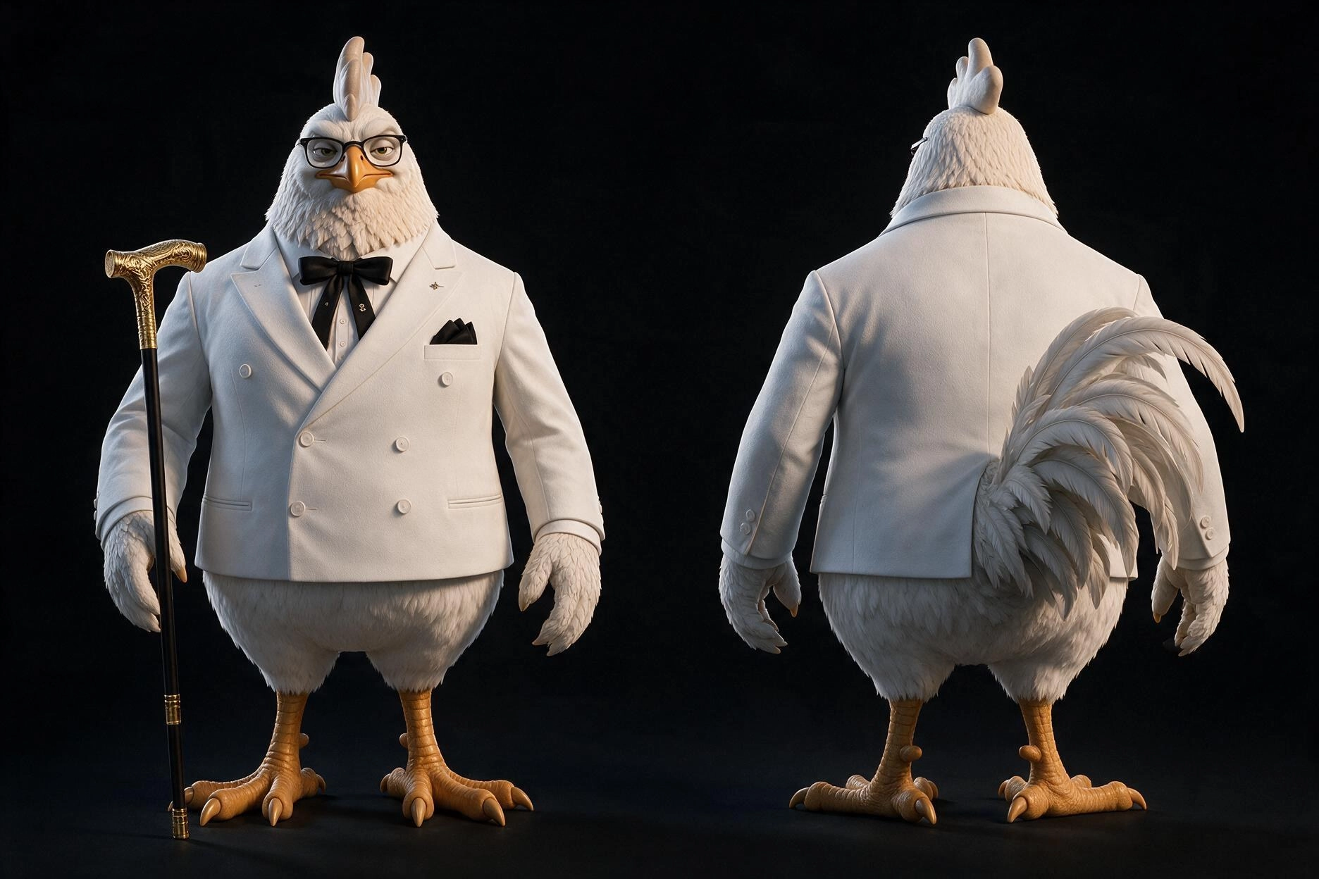 COLONEL FRIED SHIKEN présenté de face et de dos dans son costume blanc