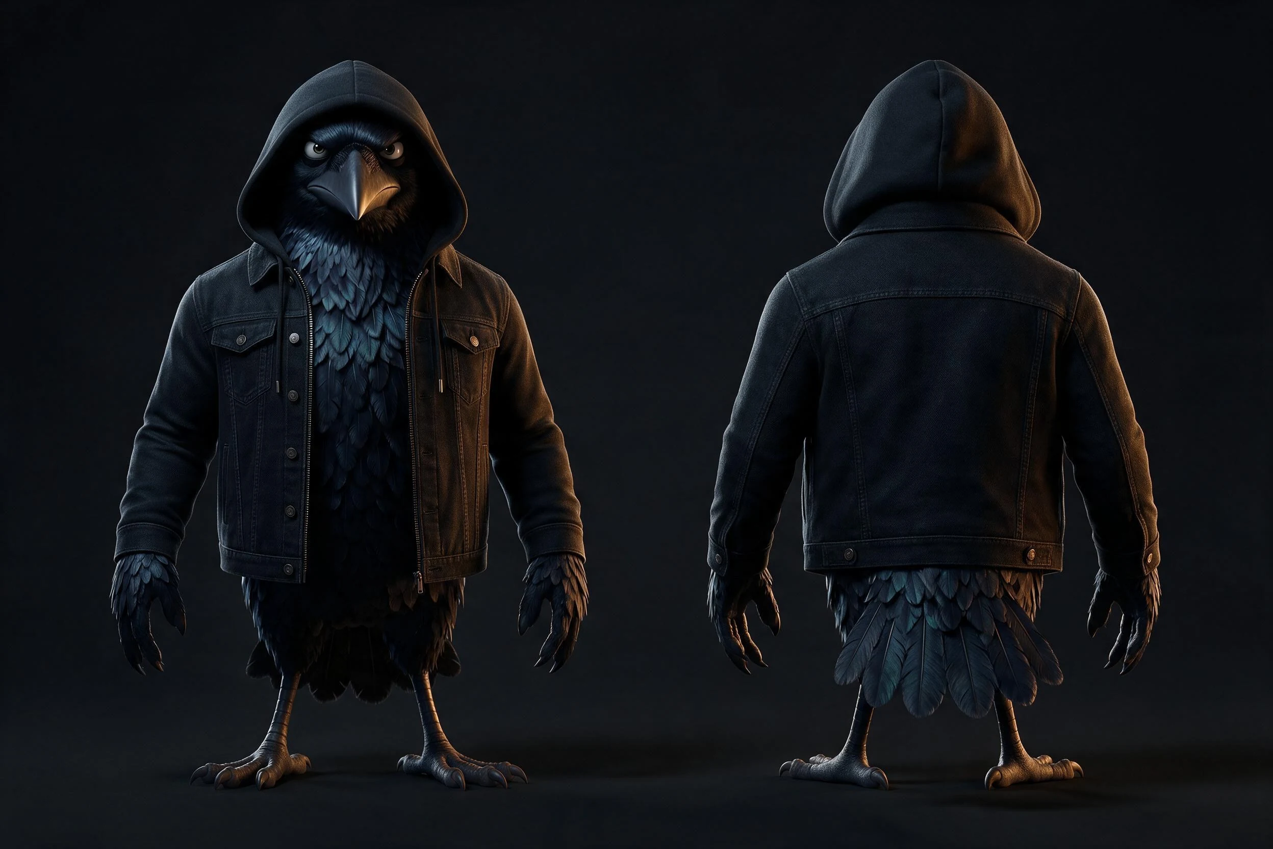 Planche de référence de CROW de face et de dos dans sa veste noire à capuche
