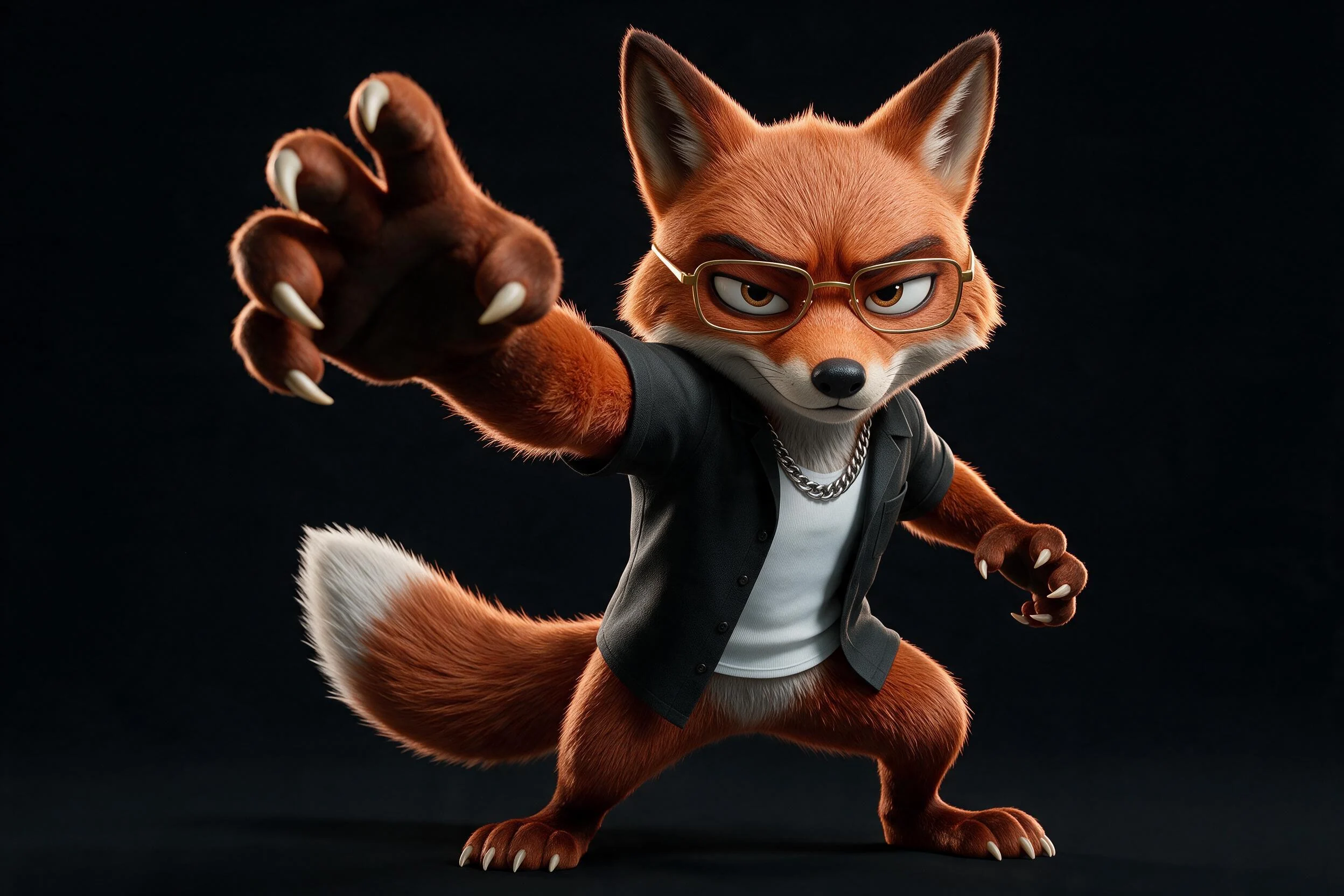 D-FOX en posture d’action dans sa chemise noire