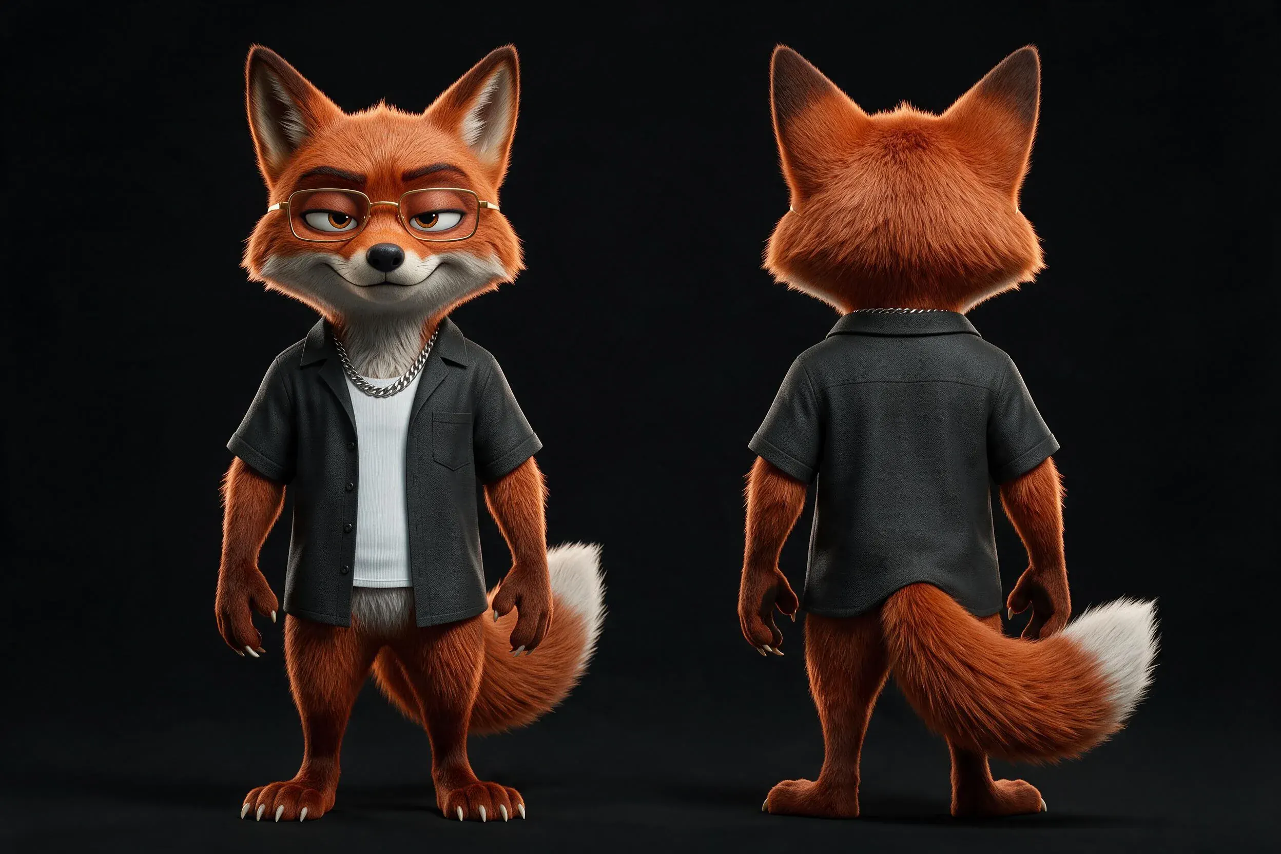 Planche de référence de D-FOX de face et de dos dans sa chemise noire