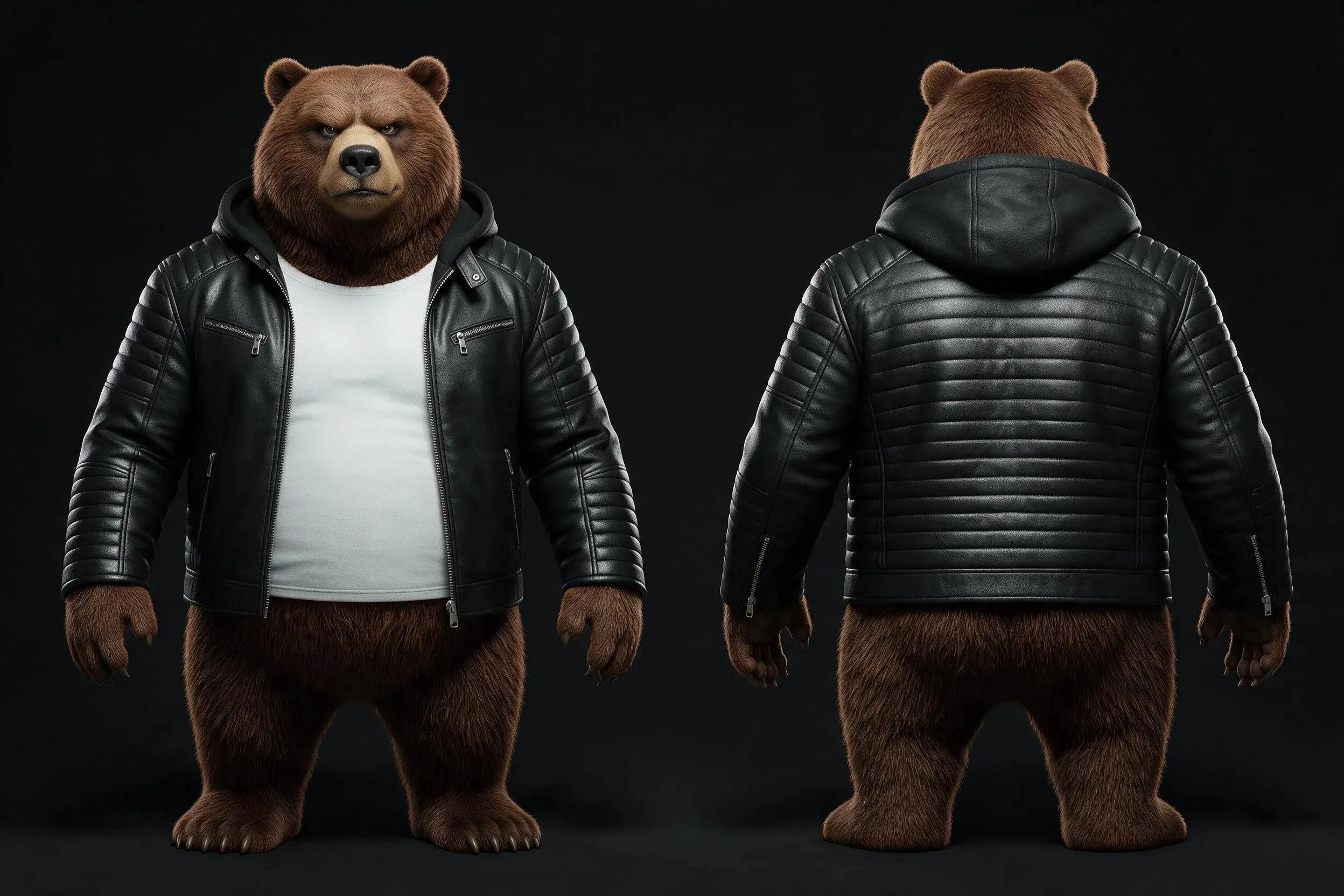 Planche de référence de GRIZZ LEE de face et de dos dans sa veste en cuir noire