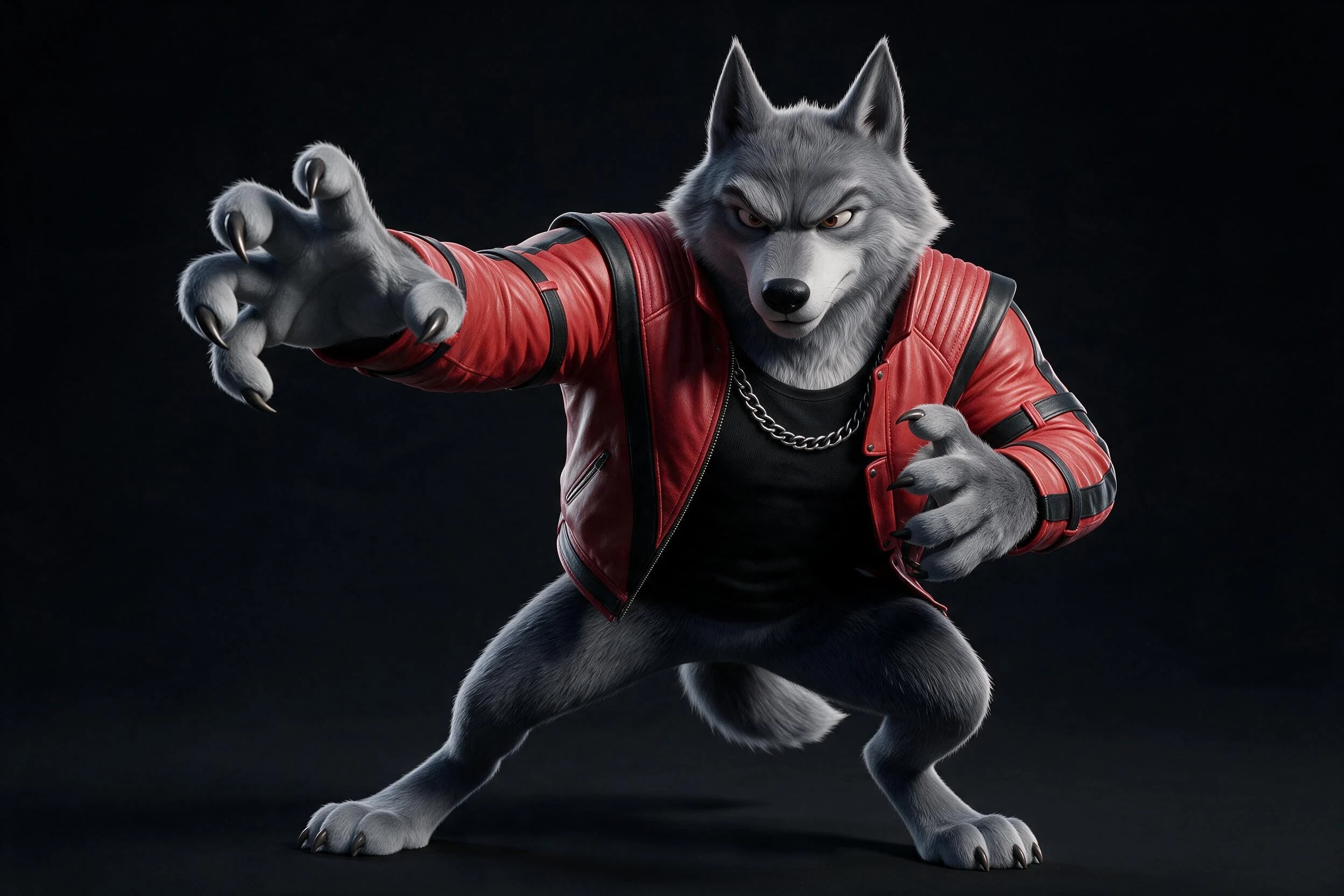 THRILL en posture d’action dans sa veste rouge