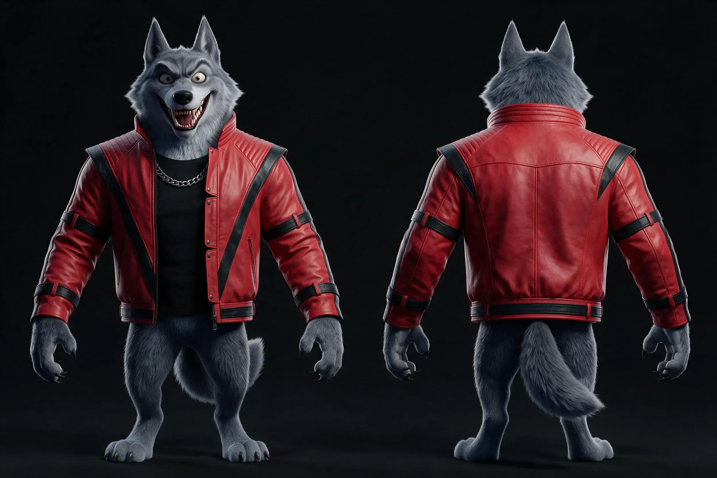 Planche de référence de THRILL de face et de dos dans sa veste rouge