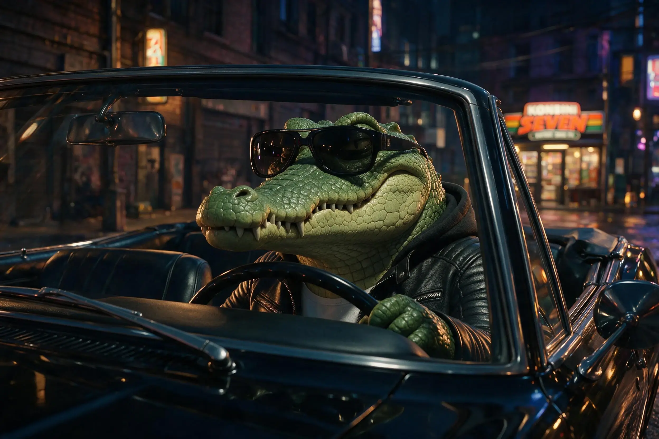 KROKOSS conduit un cabriolet noir dans les rues nocturnes de ZOZO CITY