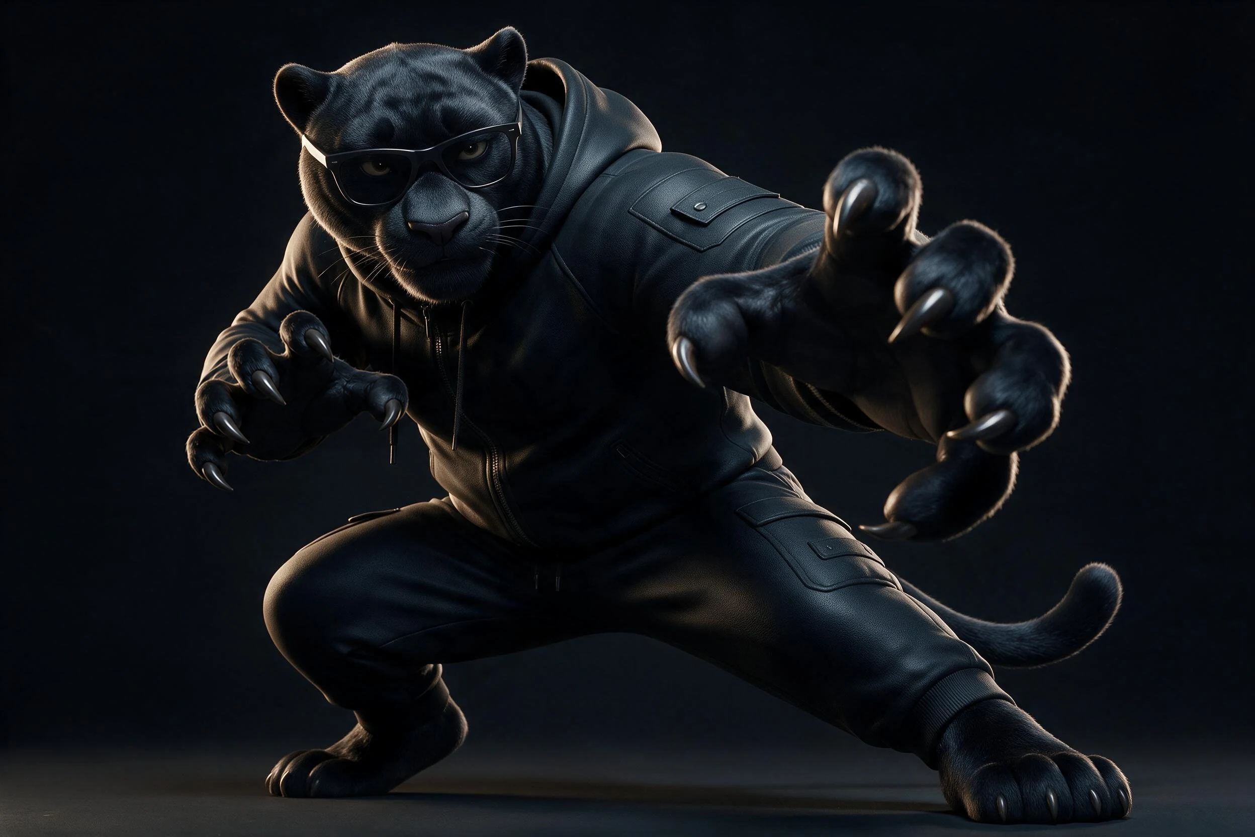 T-BLACK prend une pose d’attaque en montrant les griffes
