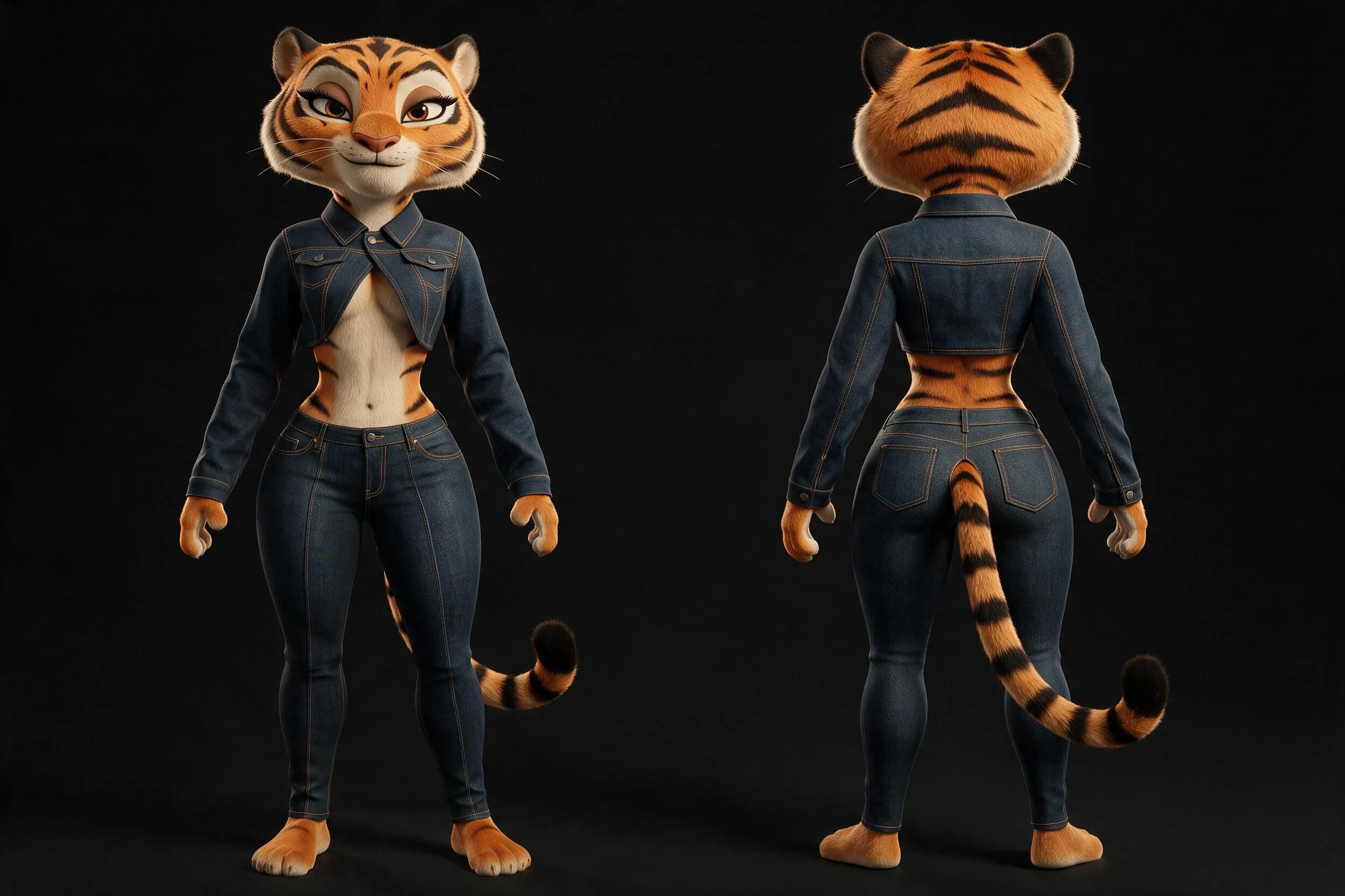 TIGRA WHITE présentée de face et de dos dans sa tenue en denim