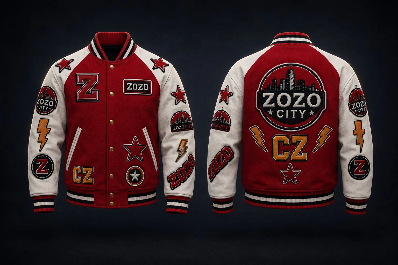 Blouson rouge de X-WING présenté de face et de dos avec ses écussons ZOZO CITY