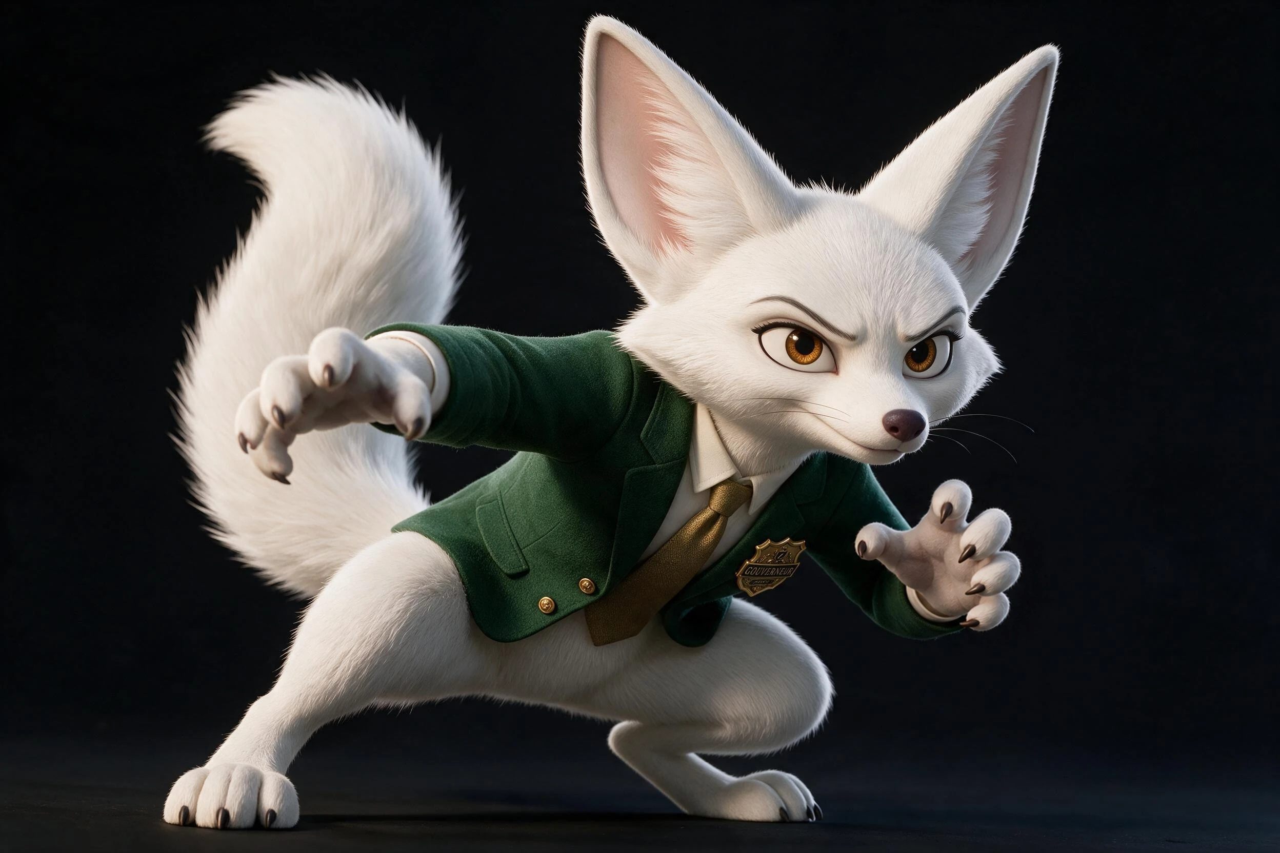 FINN NEXX prend une posture d’action dans son costume vert