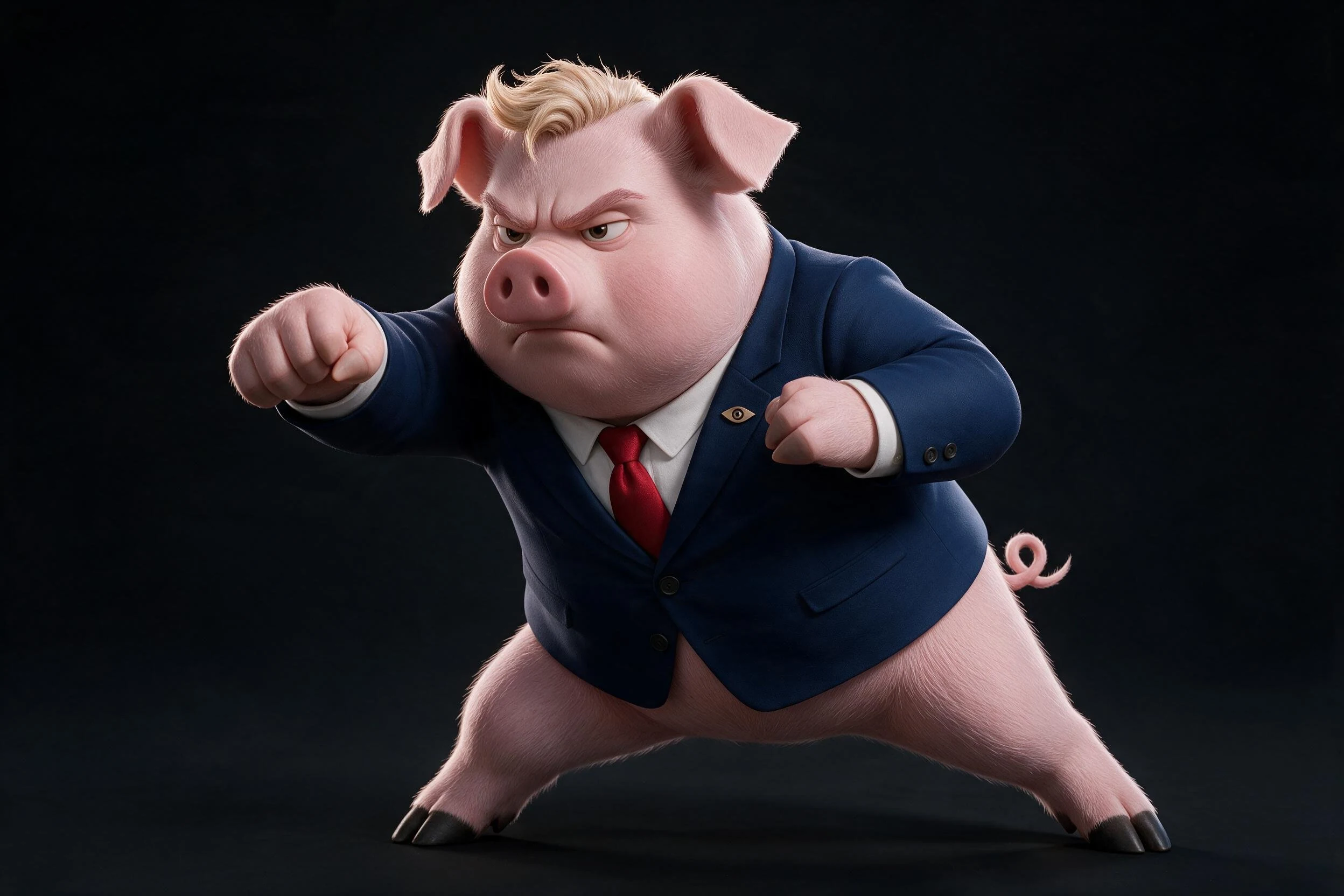STRUMP JUNIOR prend une posture de garde dans son costume bleu