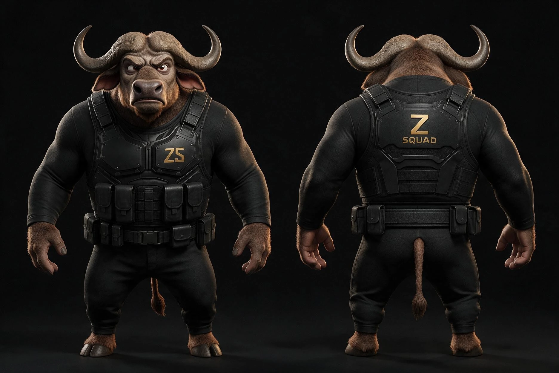 BUFFALO de face et de dos dans son uniforme de la Z SQUAD