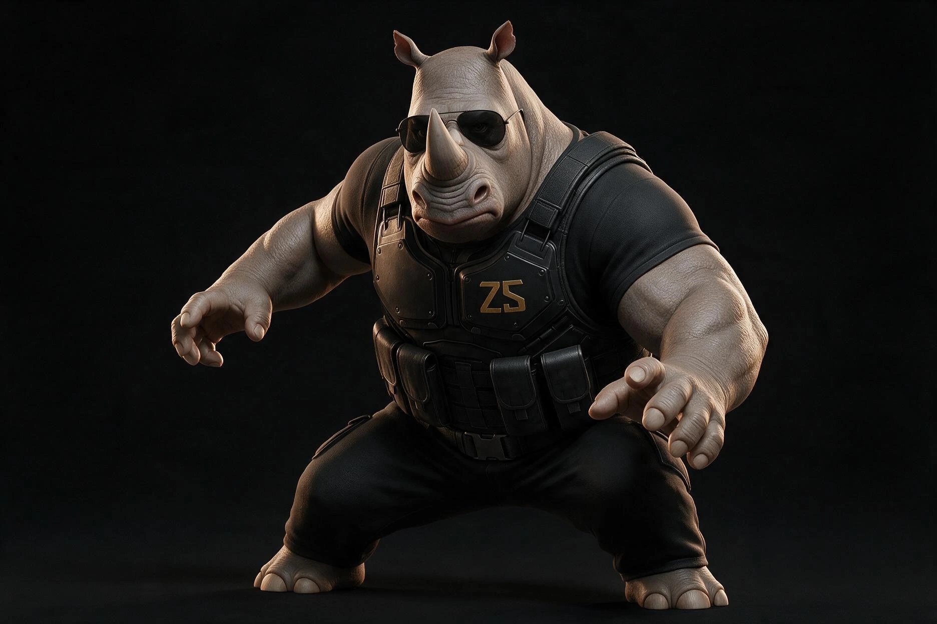 RENO en posture d’intervention dans son uniforme de la Z SQUAD