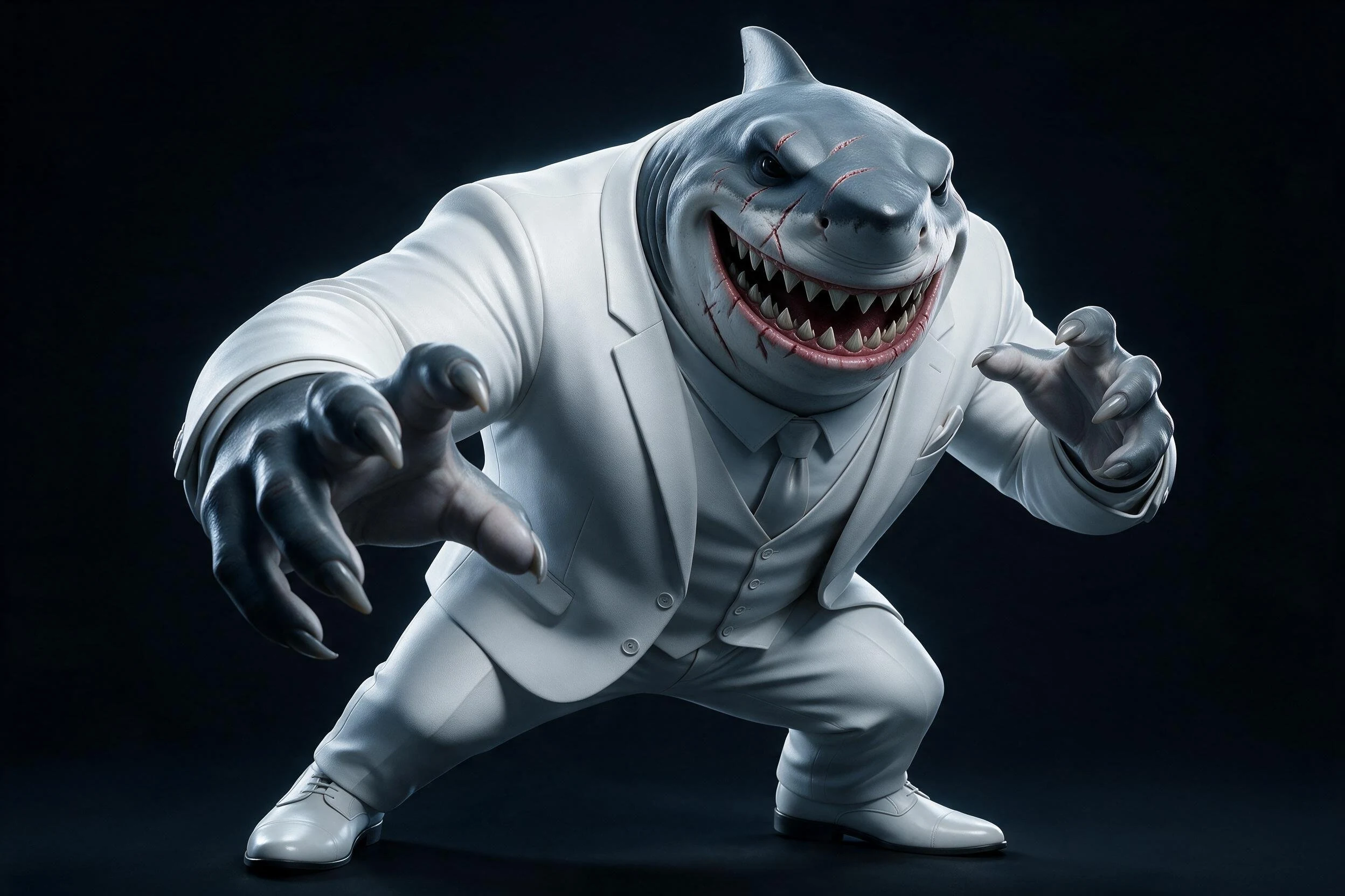 ALPHA SQUAL en posture d’action dans son costume blanc
