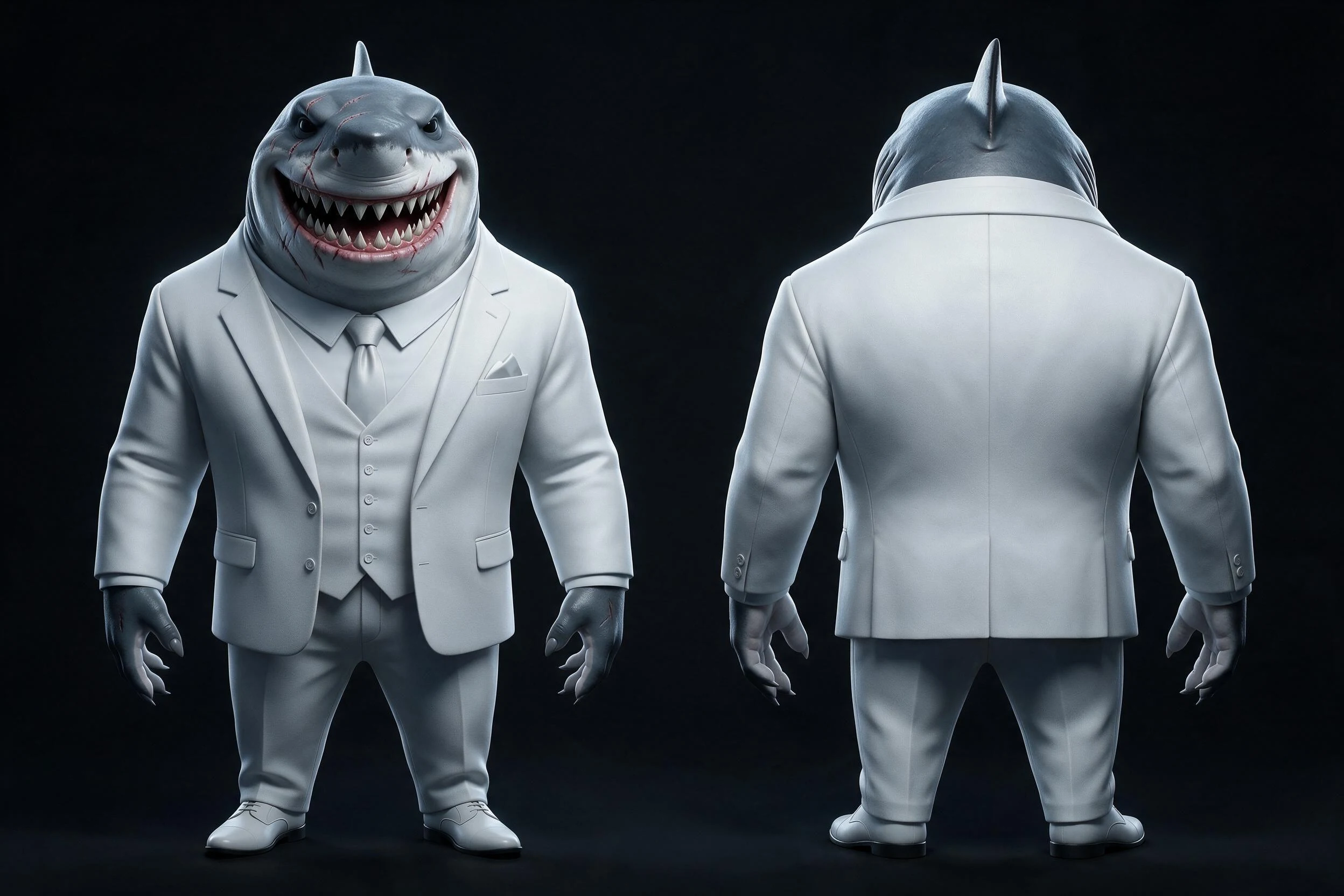 Planche de référence d’ALPHA SQUAL de face et de dos dans son costume blanc