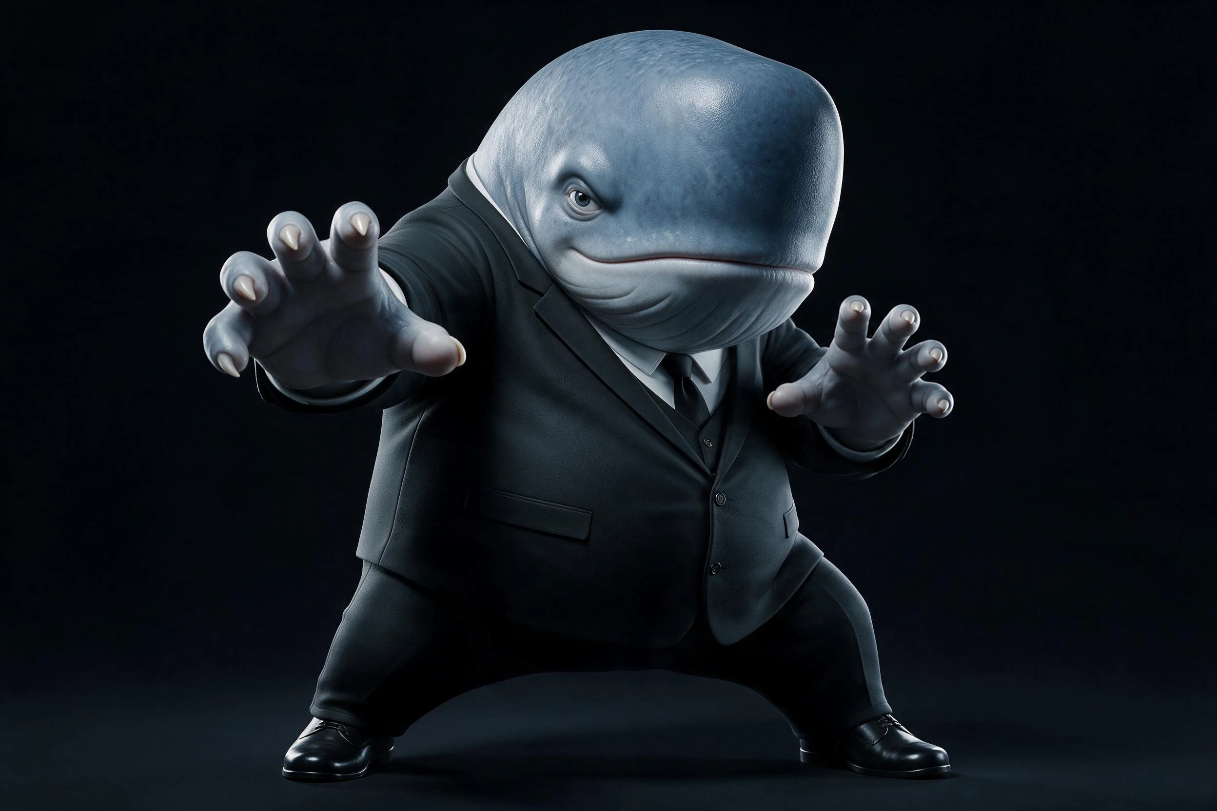 BALO en posture d’action dans son costume noir