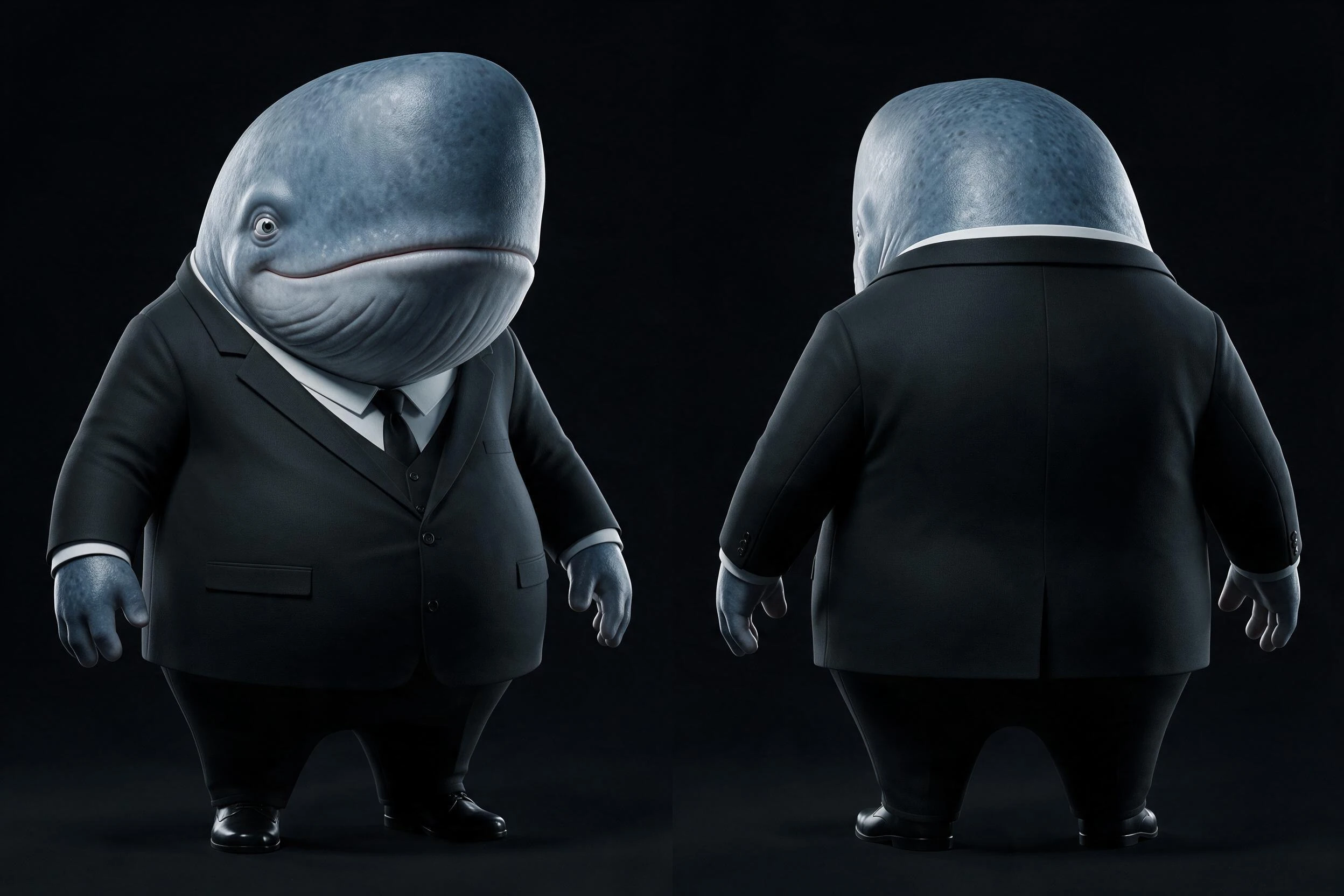 Planche de référence de BALO de face et de dos dans son costume noir