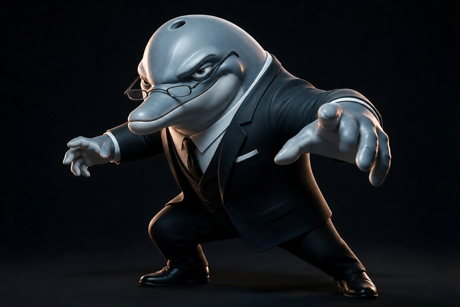 FLIPPER en posture d’action dans son costume noir
