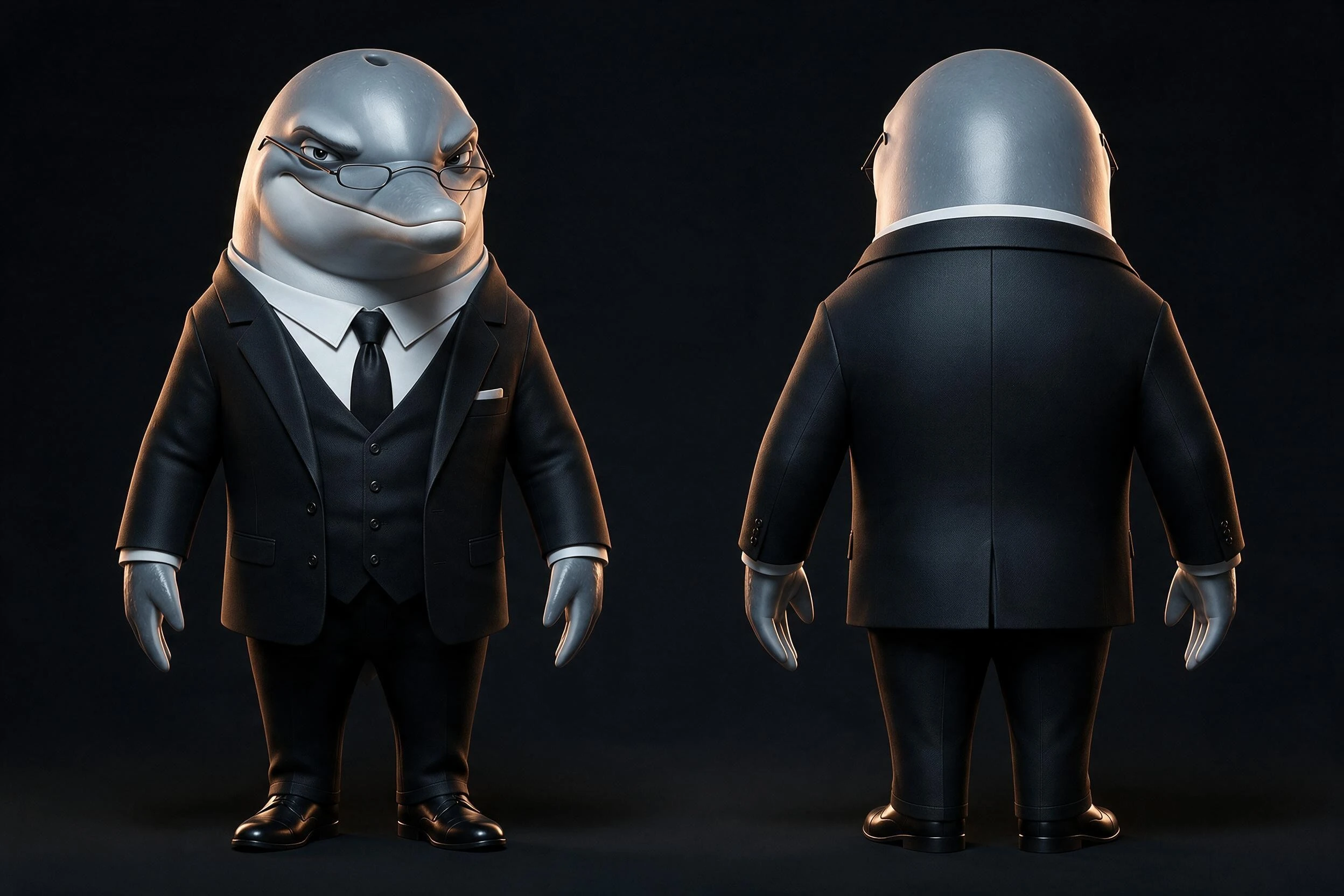 Planche de référence de FLIPPER de face et de dos dans son costume noir