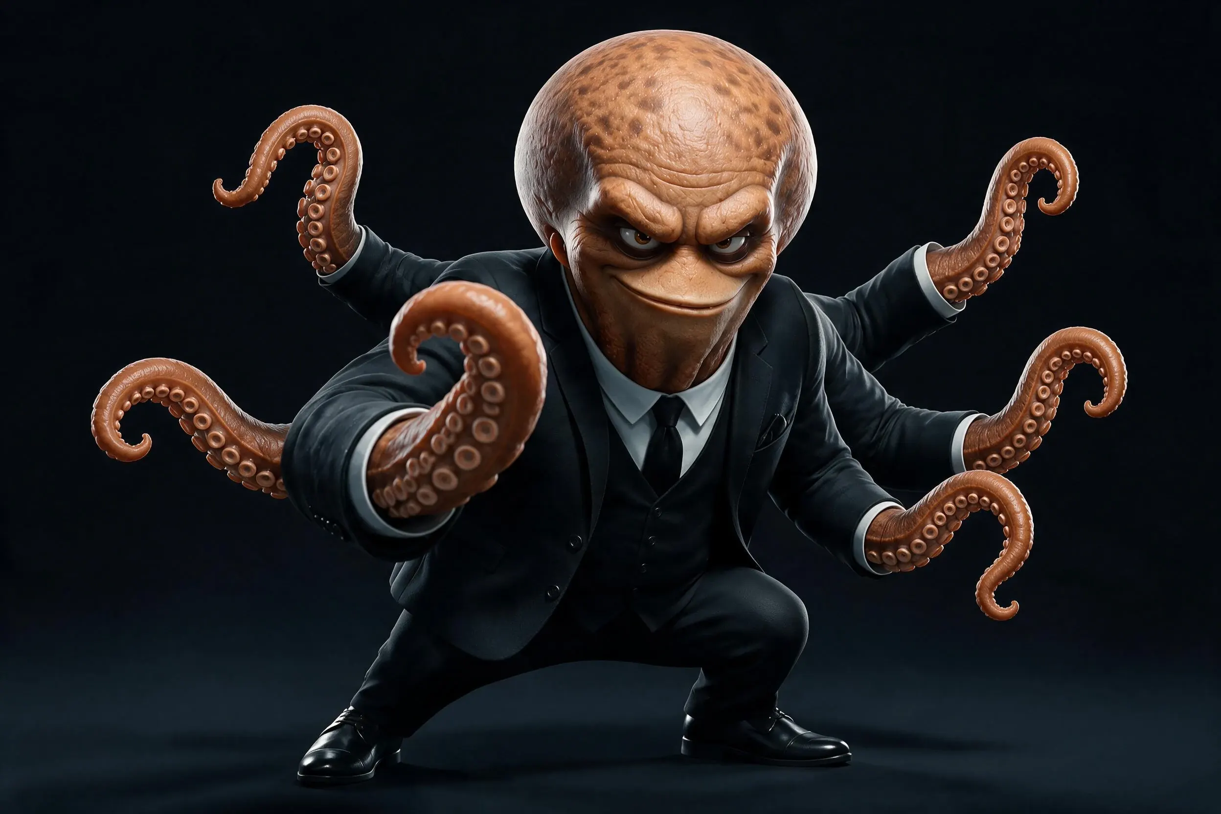 OCTO en posture d’action, tentacules déployés, dans son costume noir
