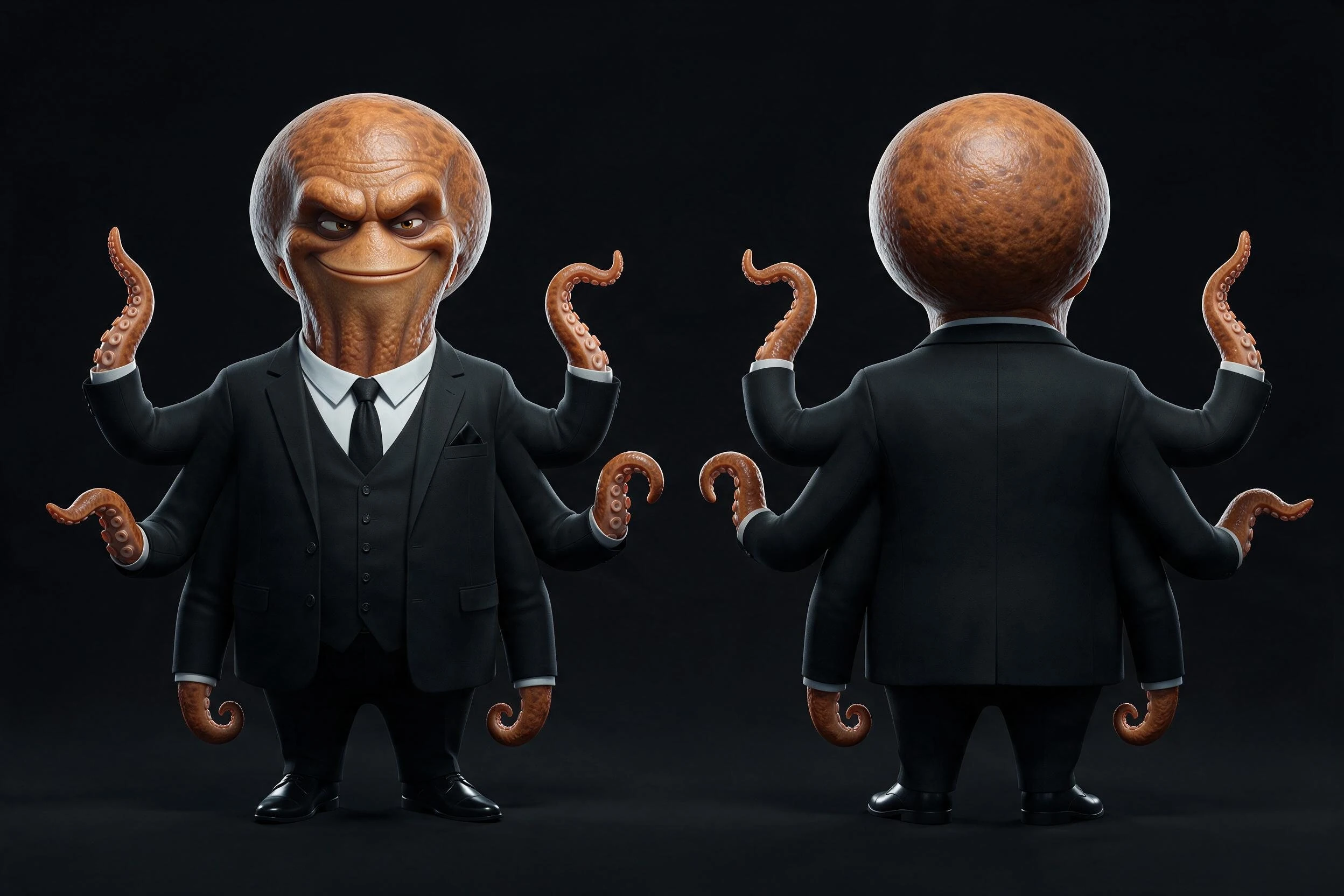 Planche de référence d’OCTO de face et de dos dans son costume noir