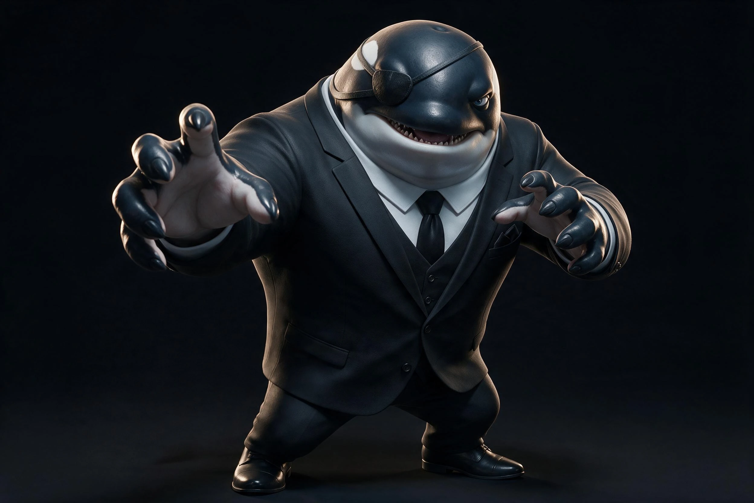 WILLY en posture d’action dans son costume noir