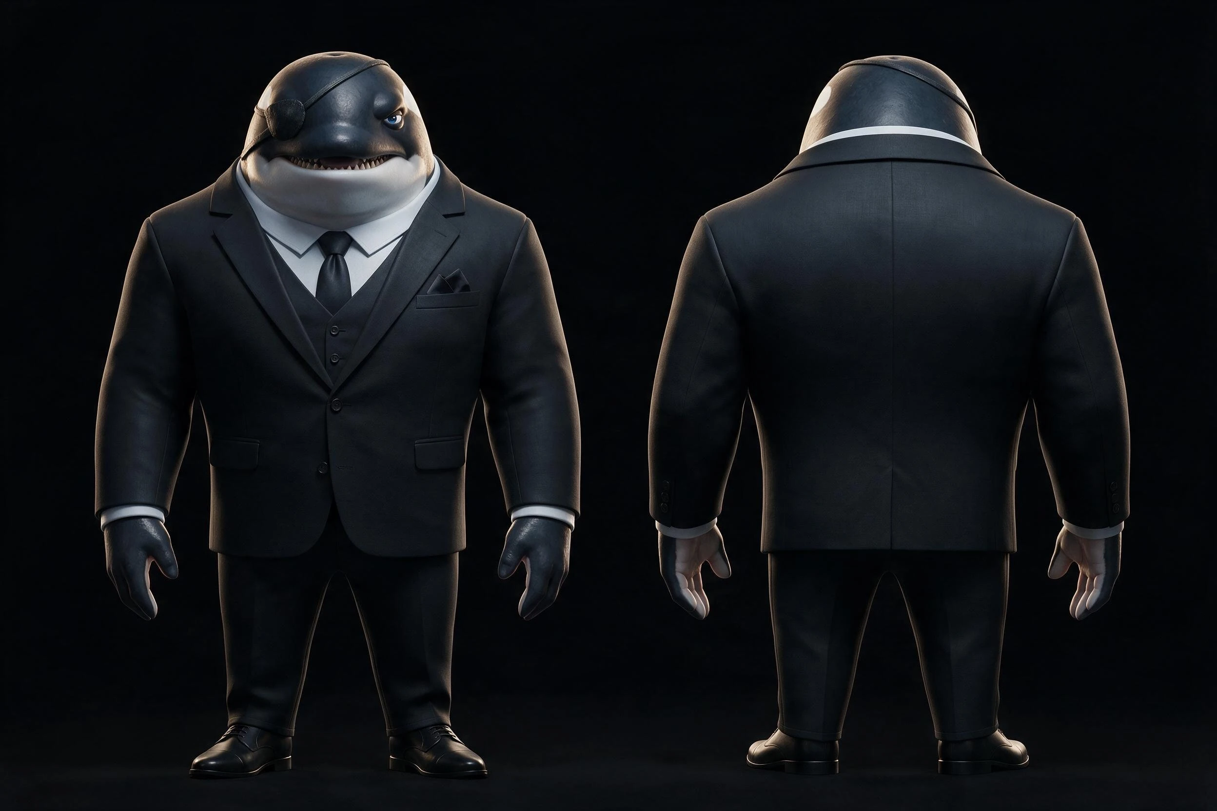 Planche de référence de WILLY de face et de dos dans son costume noir