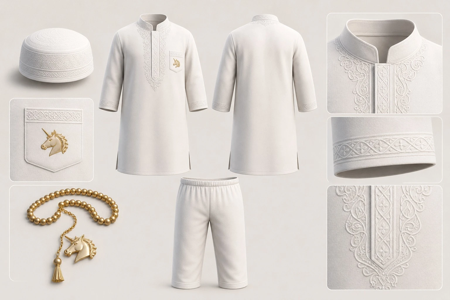 Planche détaillée de la tenue blanche, du couvre-chef et du chapelet de BABA L’ANCIEN